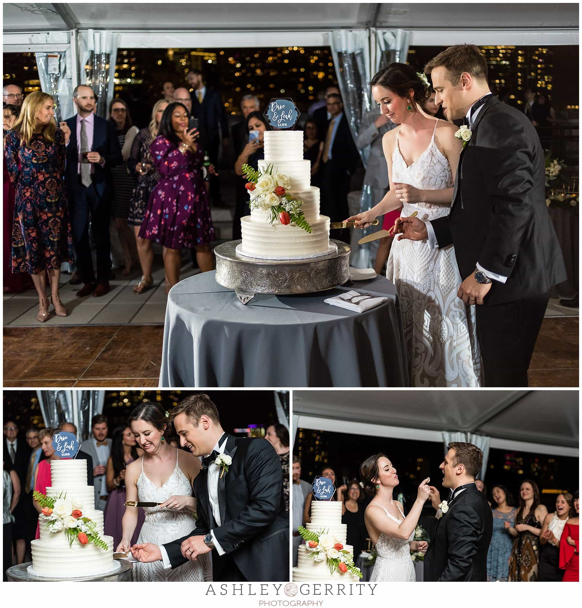 Wedding cake cutting, bride feeding the groom cake, Free Library wedding