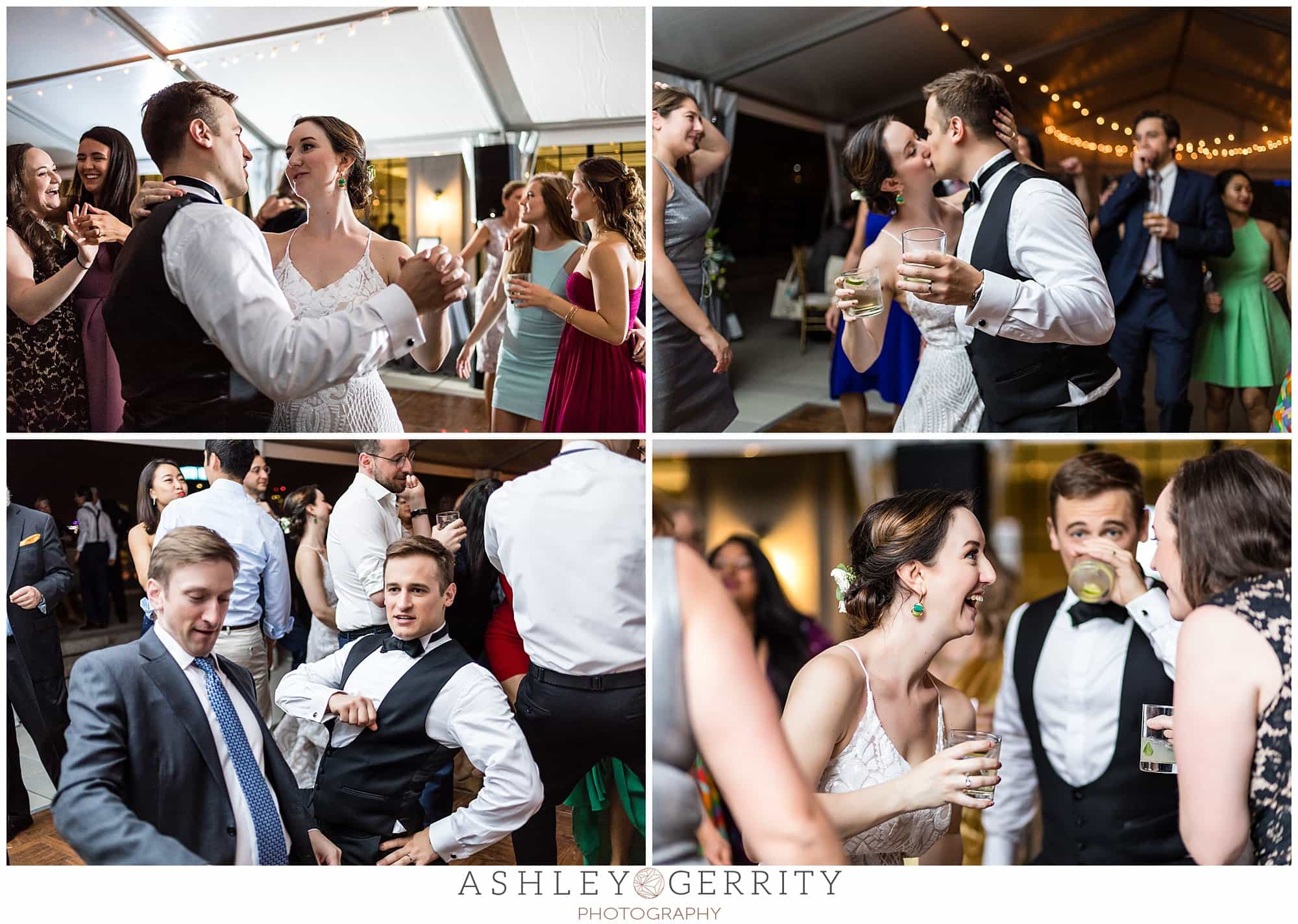 Wedding reception party shots, bride and groom dancing and kissing