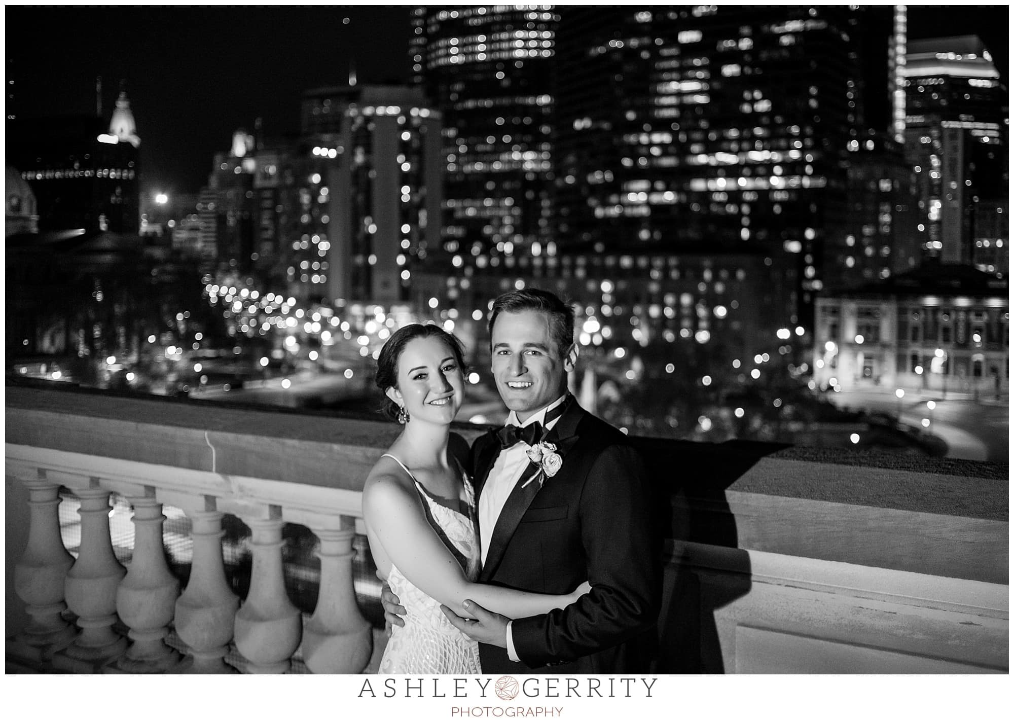 Black and white couple portrait, roof of Free Library, Philadelphia wedding
