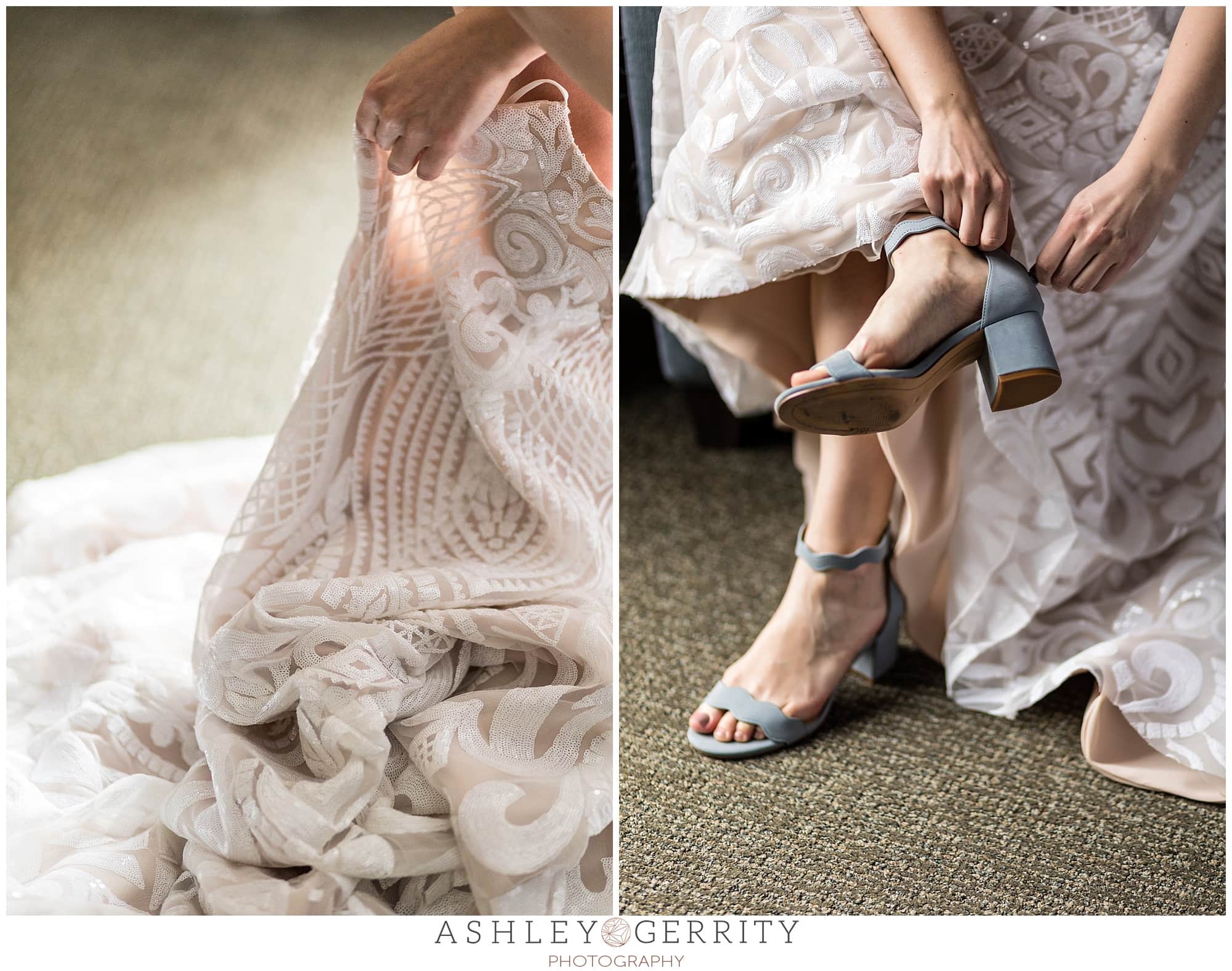 Nude and white lace wedding gown detail and bride putting on blue heels