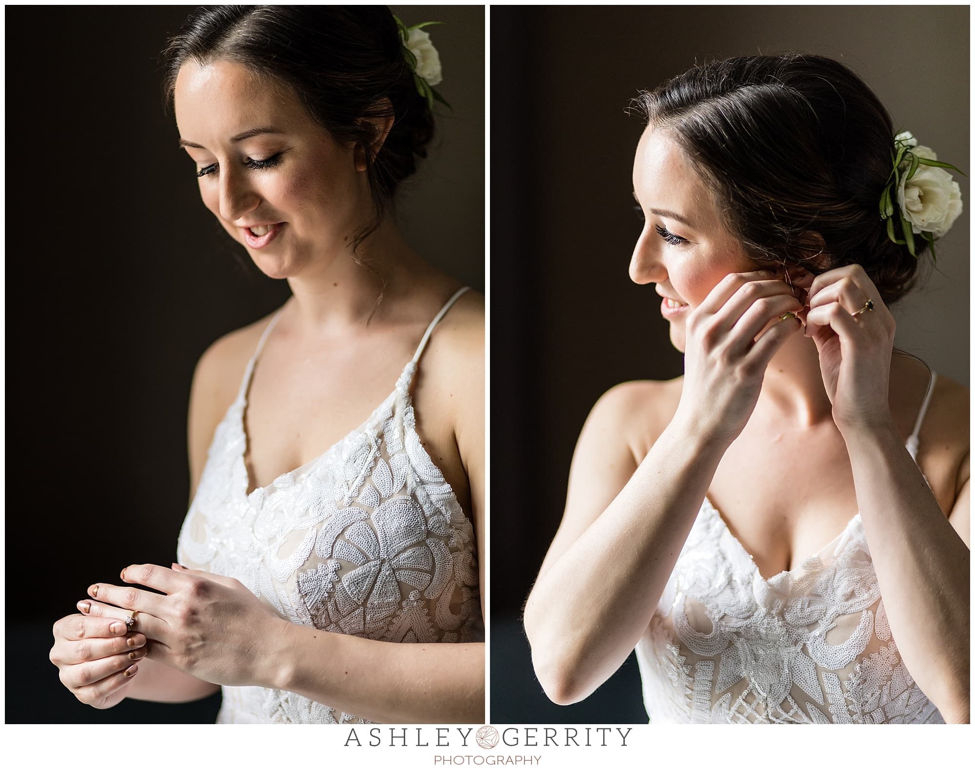 Bridal portraits, bride putting on her engagement rings and earrings