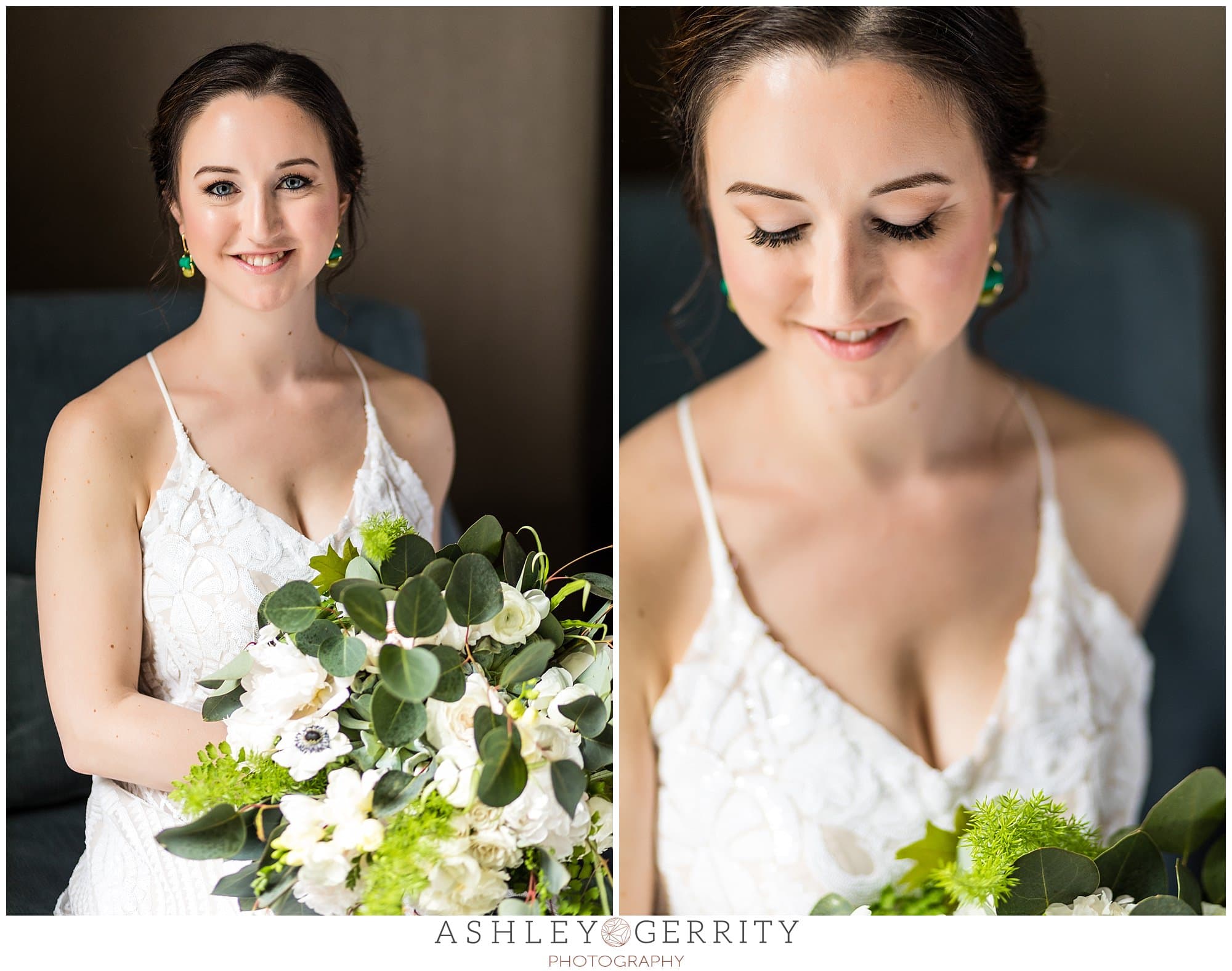 Bridal portraits, bride holding bouquet 