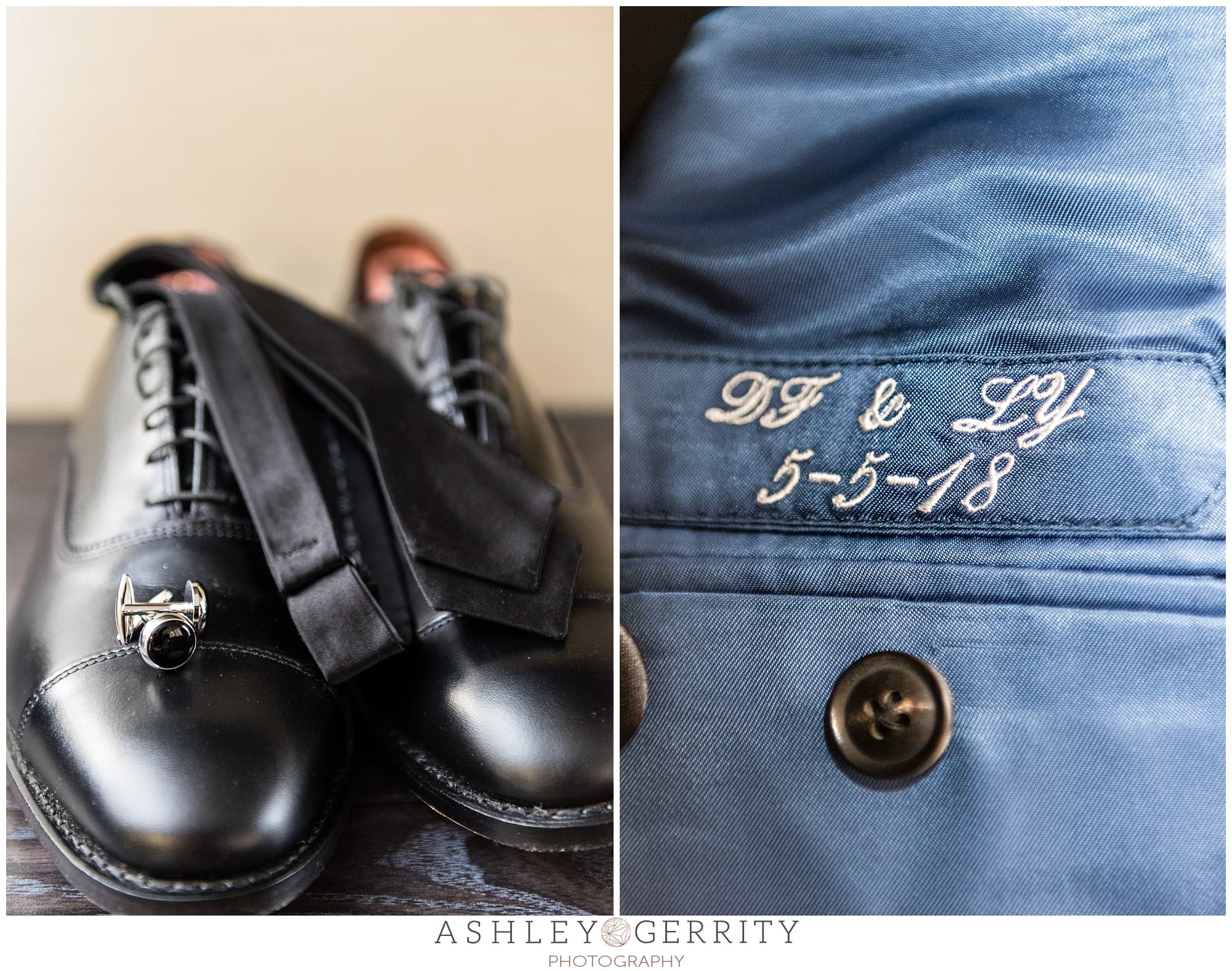 Groom accessories details, dress shoes, cufflinks, shirt embroidery with initials and wedding date