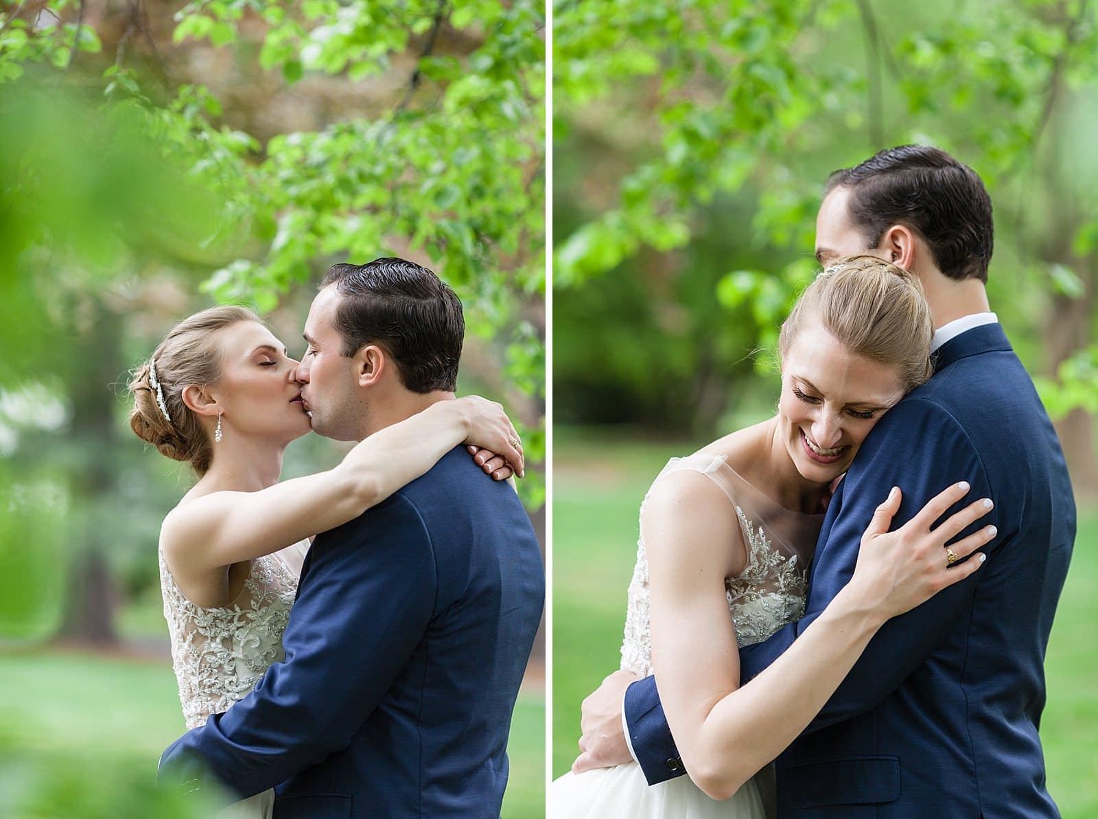 Intimate wedding portraits, bride and groom kissing and hugging, shot through leaves