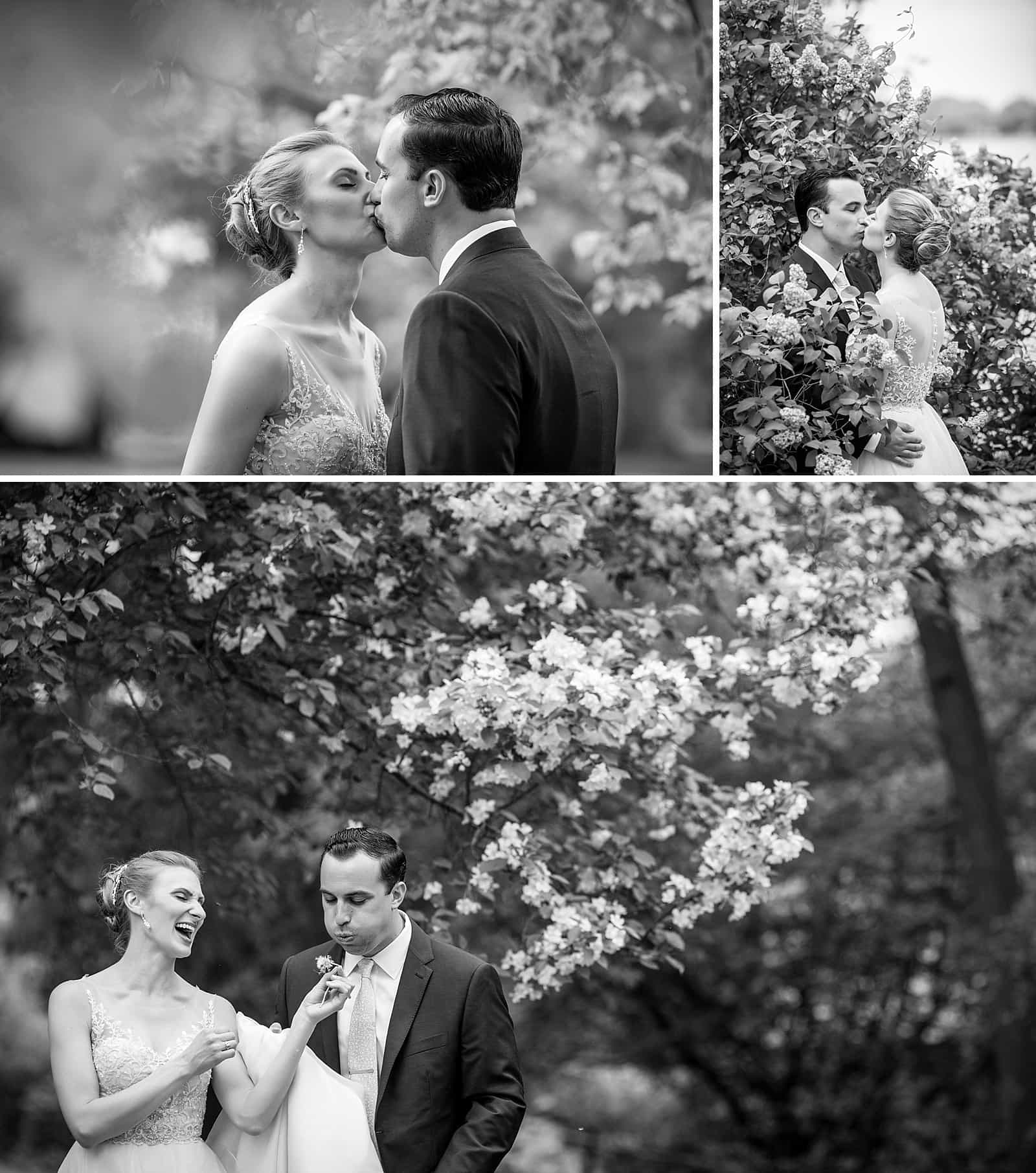 Black and white wedding portraits, bride and groom kissing in the flowers, groom blowing away petals, Glen Foerd Mansion wedding