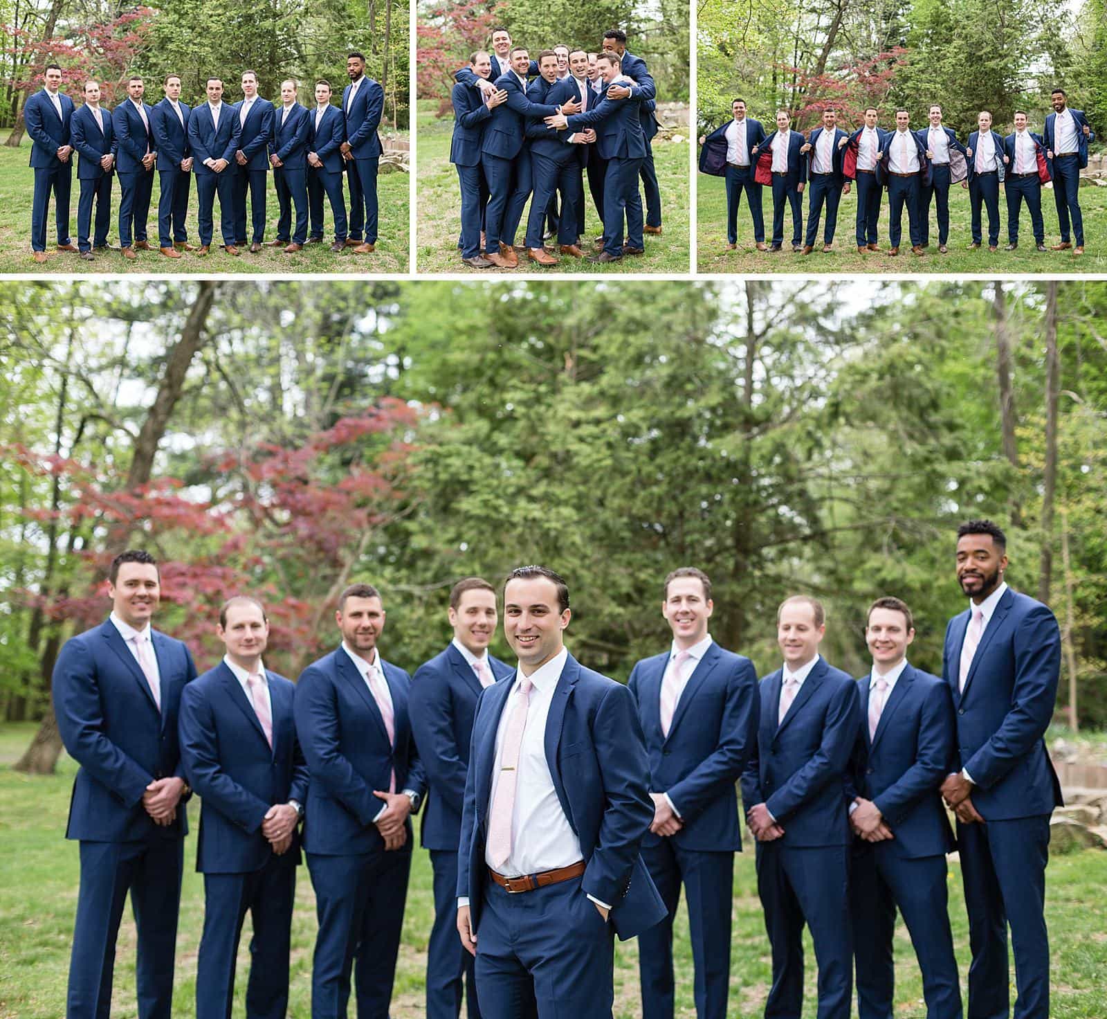 Groomsmen portraits, groomsmen showing inside jackets, groomsmen hugging groom