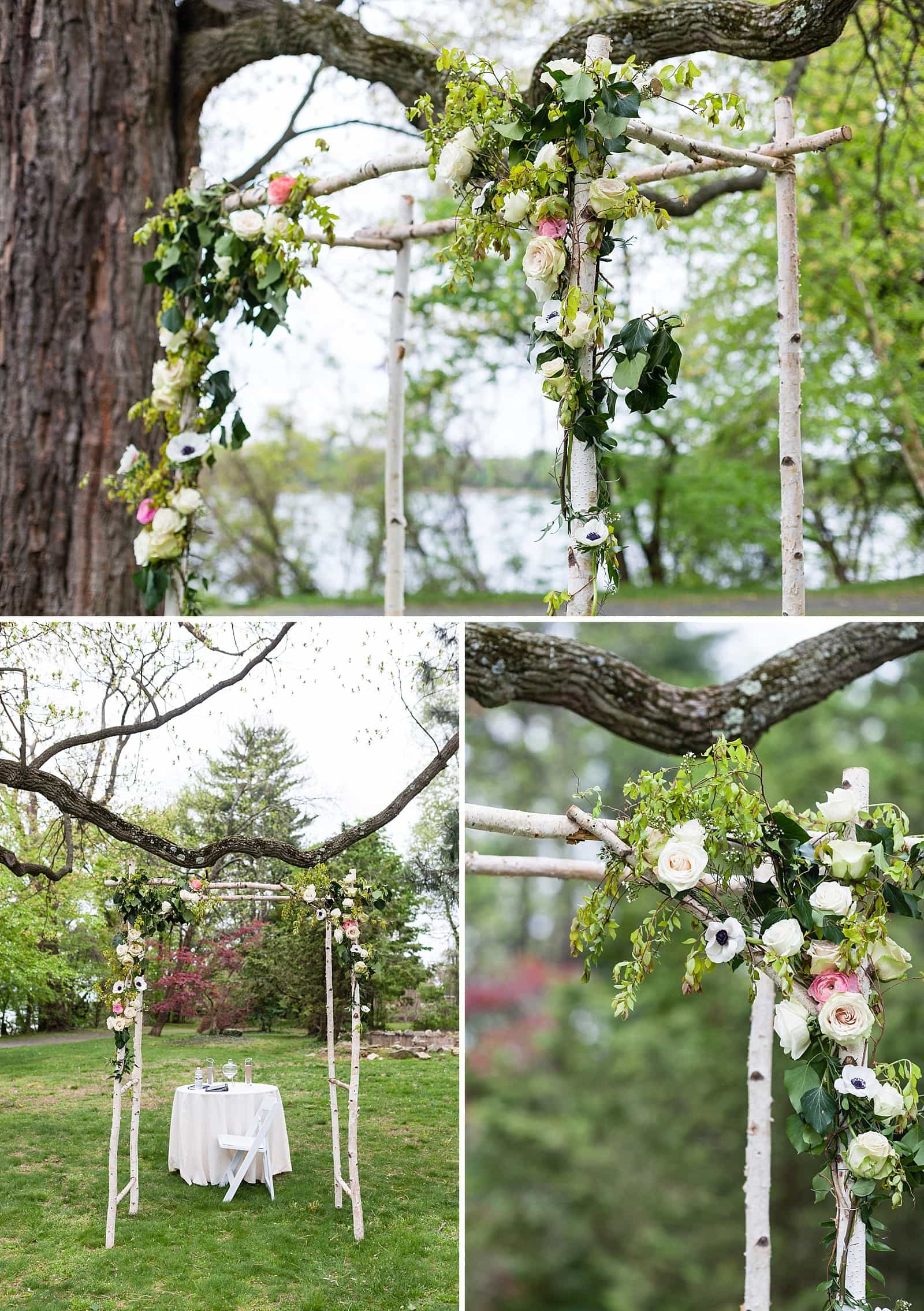 Floral archway, bride and groom table, floral details, Glen Foerd Mansion wedding