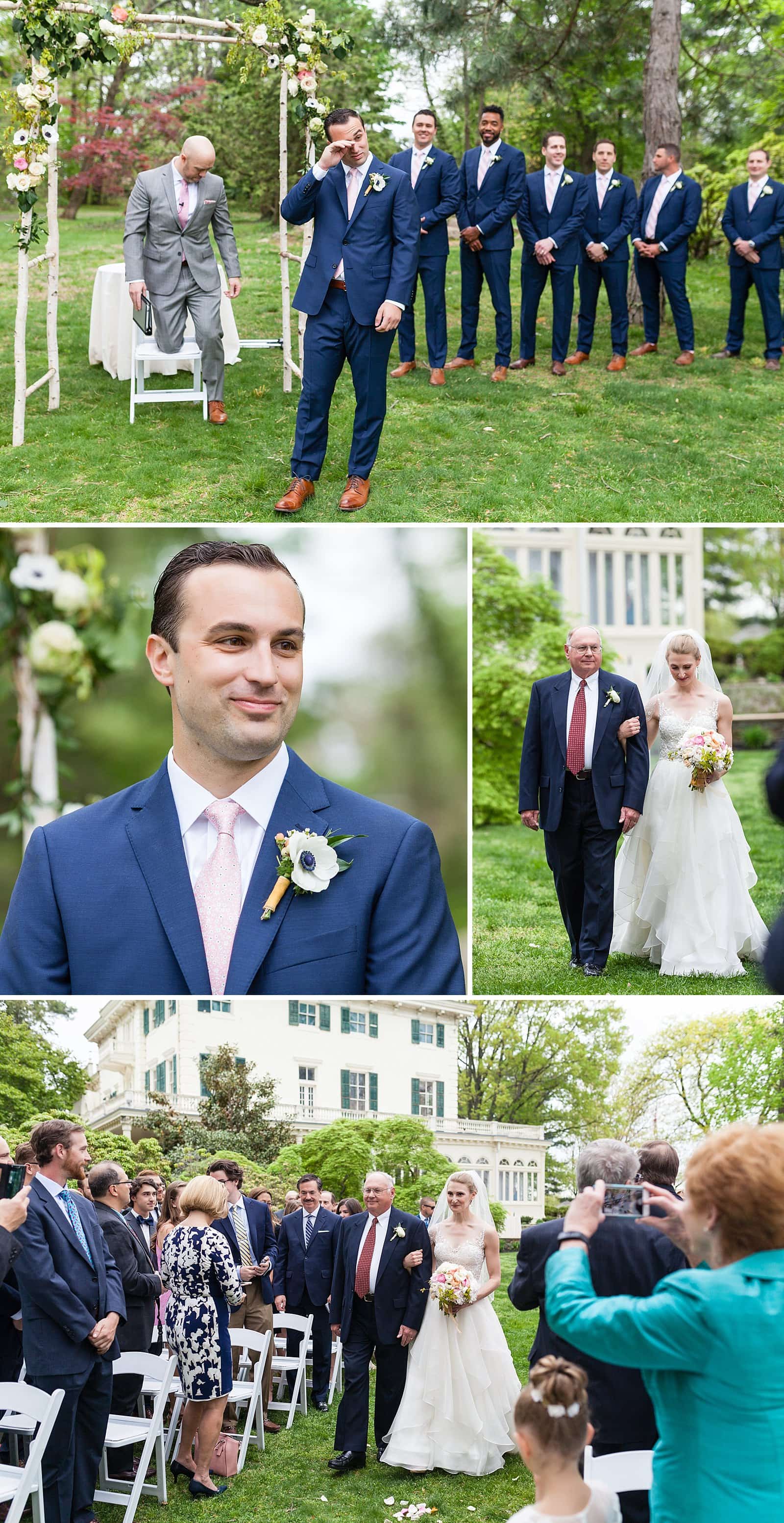 Groom crying when he sees bride for the first time, bride and her father walking down the aisle, Glen Foerd Mansion wedding