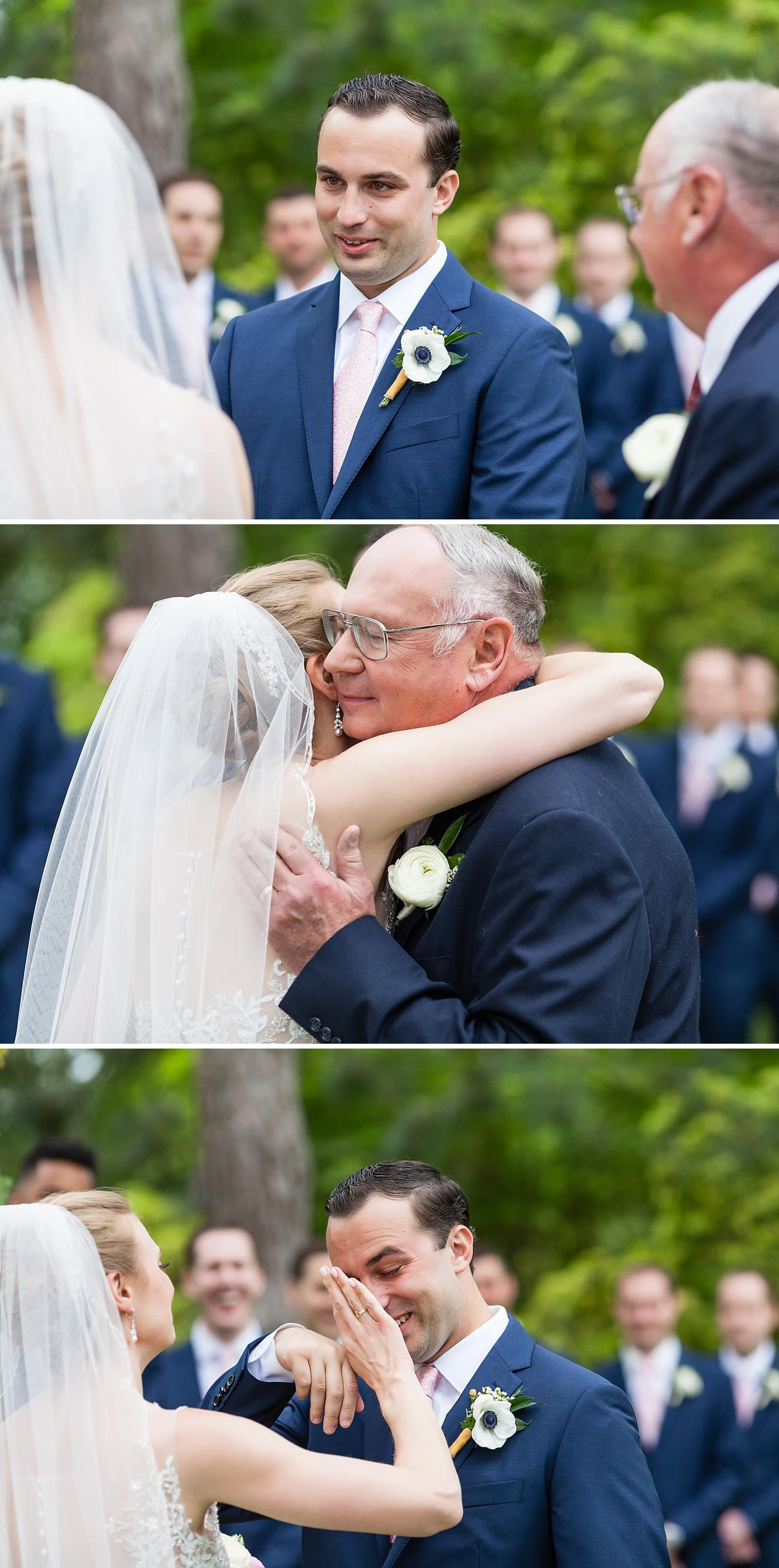 Groom with tears in his eyes, bride hugging her father, bride wiping grooms tears