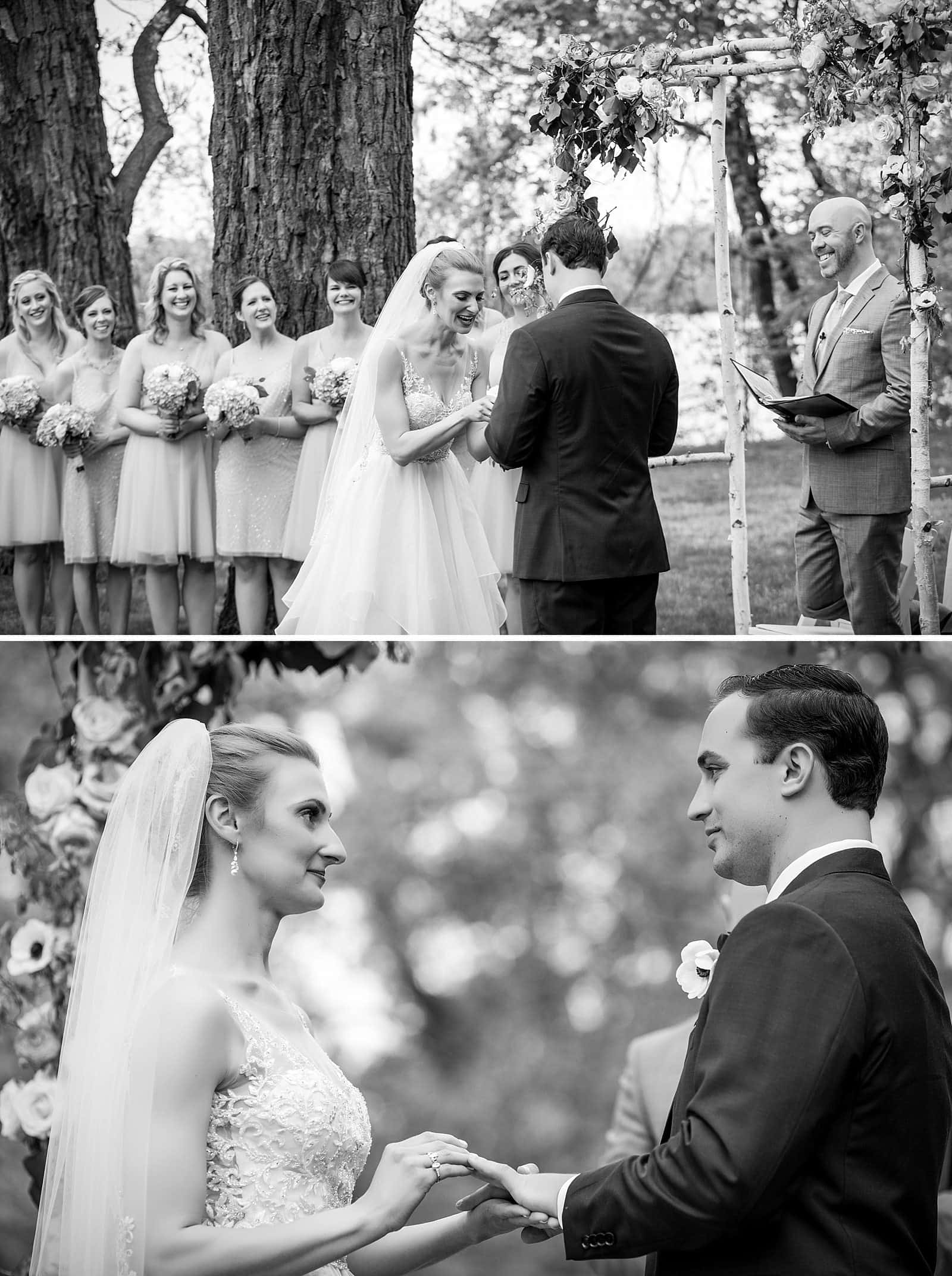 Black and white wedding ceremony, bride and groom exchanging rings