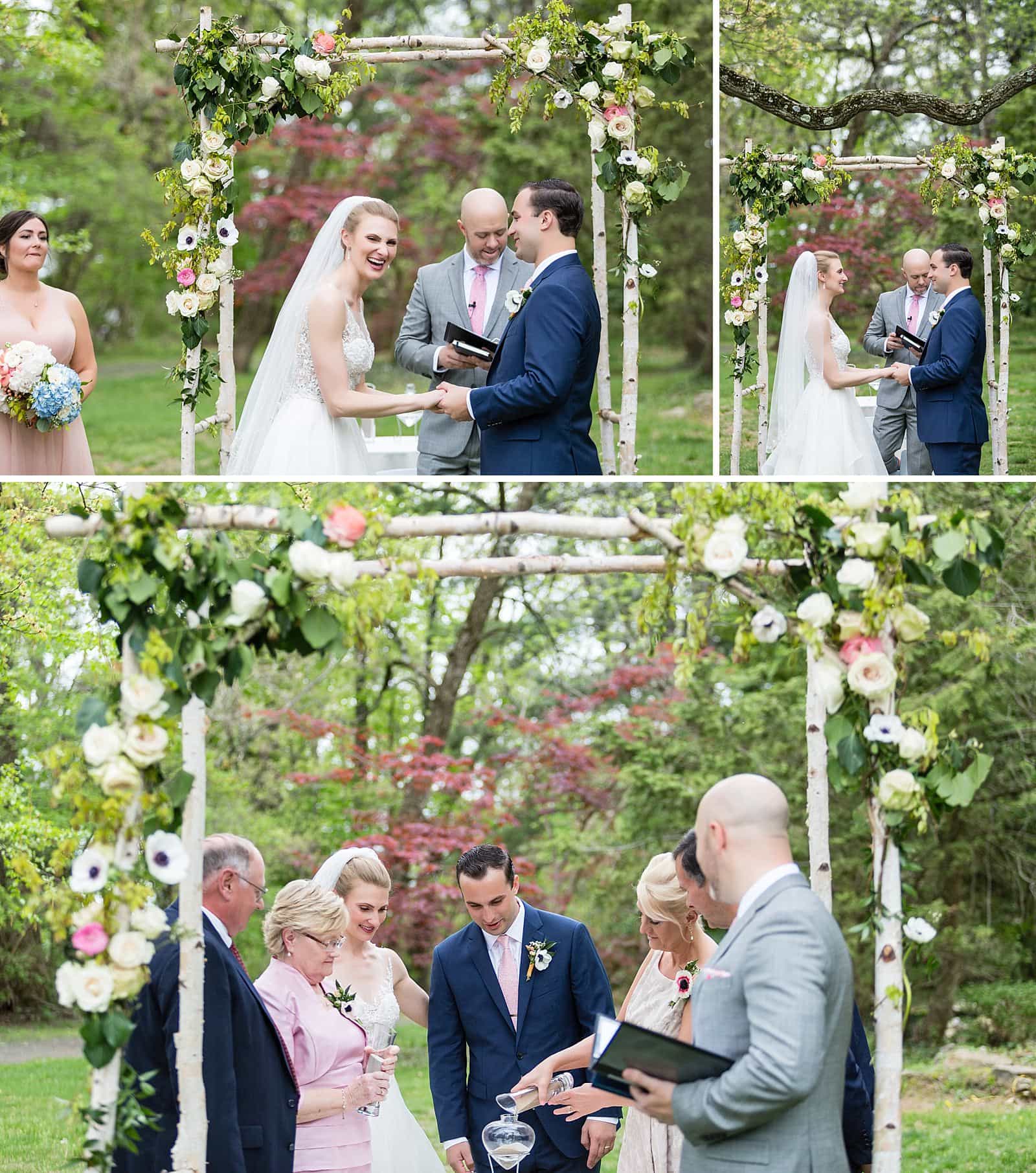 Bride and groom laughing during ceremony, Glen Foerd Mansion wedding