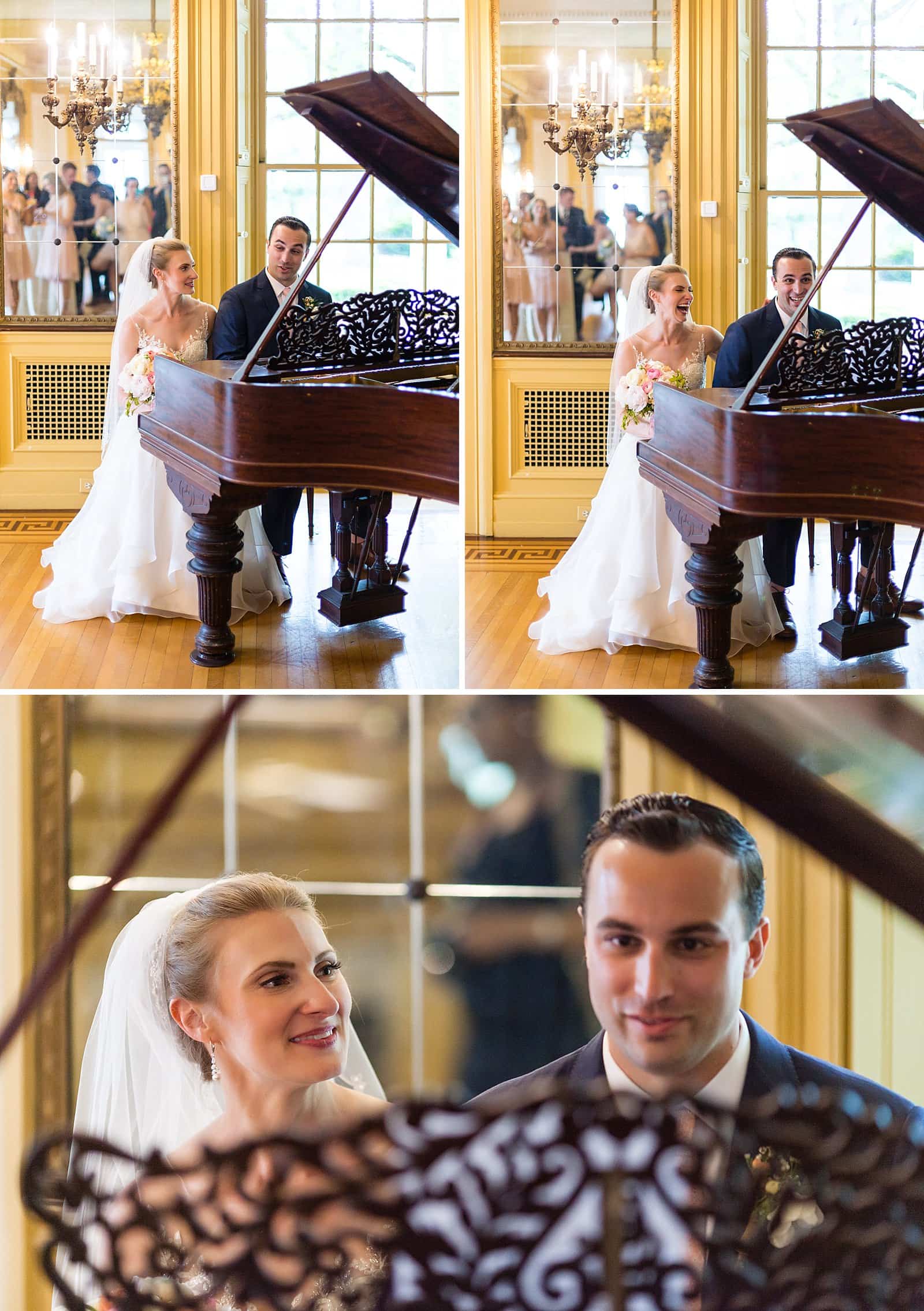 Groom playing the piano for bride, Glen Foerd Mansion wedding