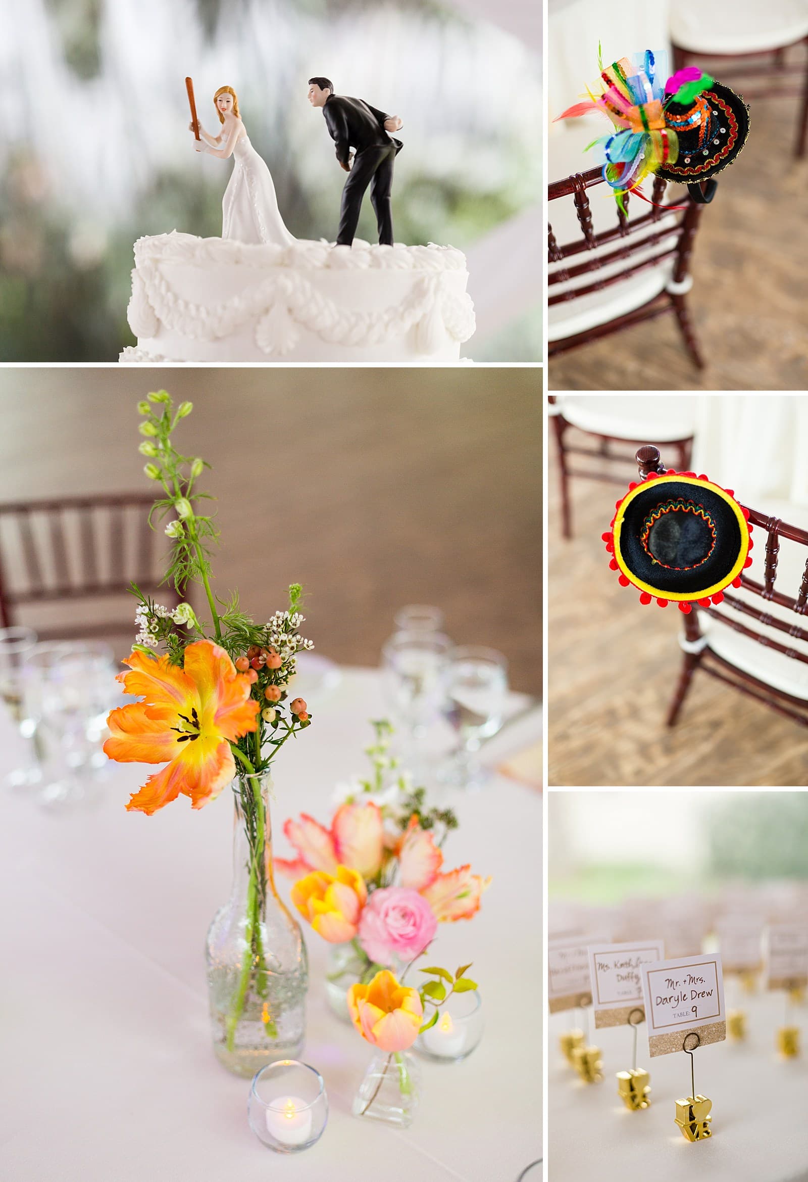 Wedding cake toppers details, chair details, floral centerpieces, place card sign details