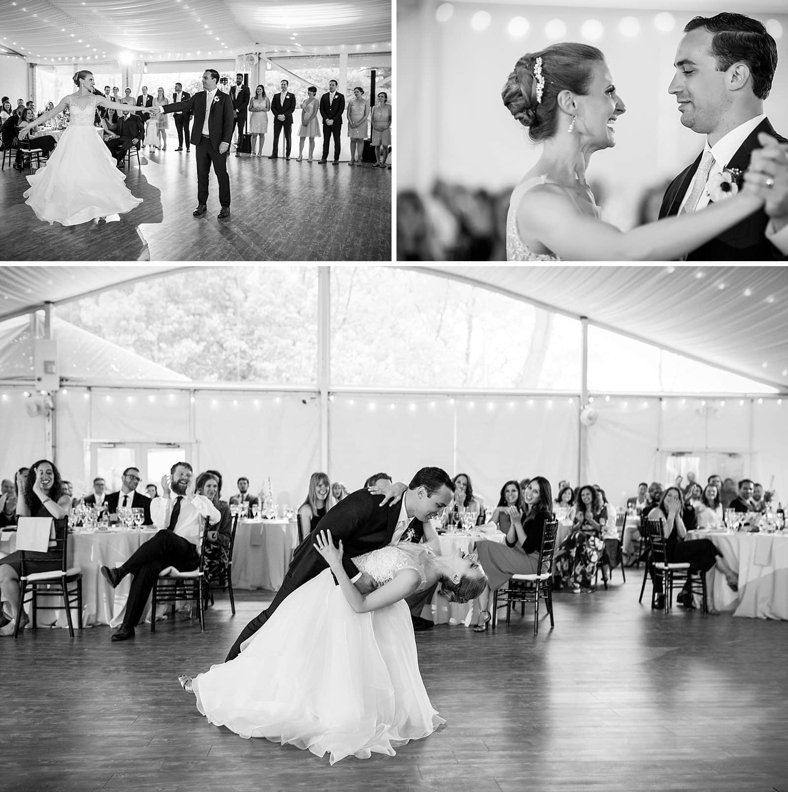 Black and white wedding shots, bride and grooms first dance, groom dipping bride, Glen Foerd Mansion wedding