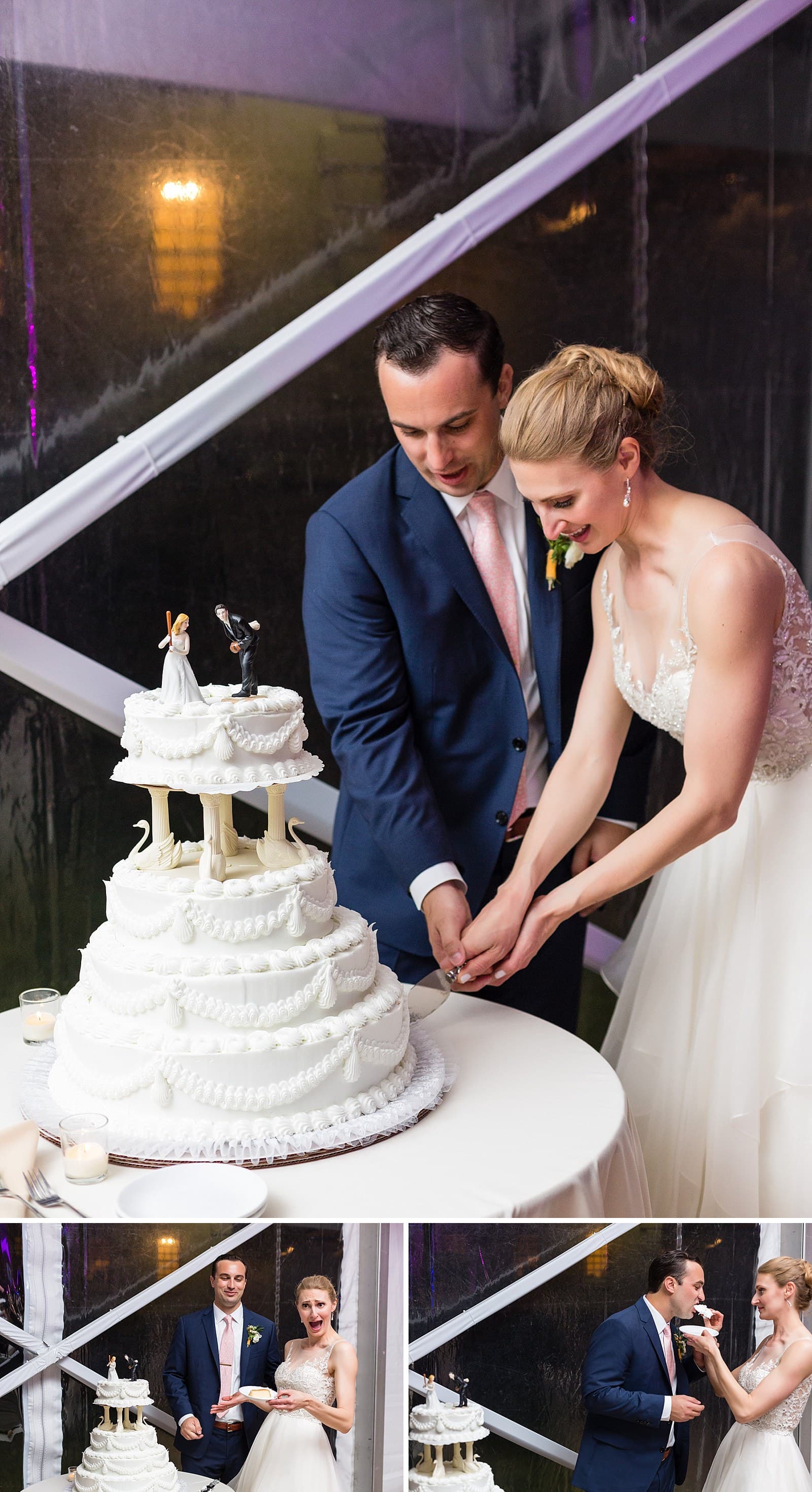 Bride and groom cutting wedding cake, bride feeding groom wedding cake, Baseball player cake toppers