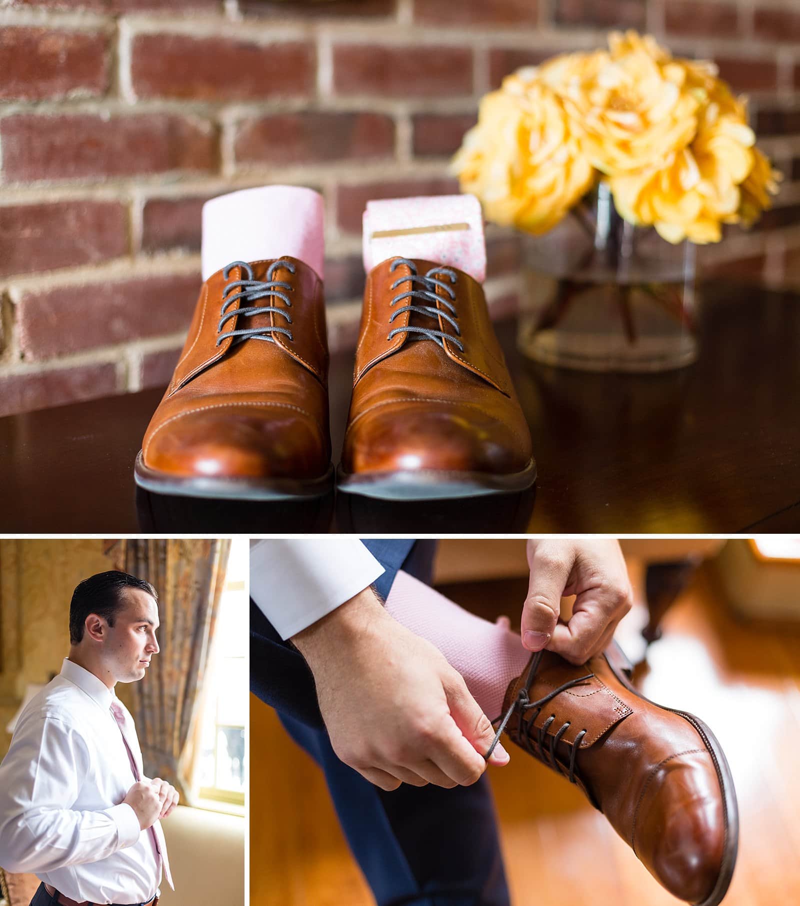 Grooms shoes and socks, groom tying his tie and shoes
