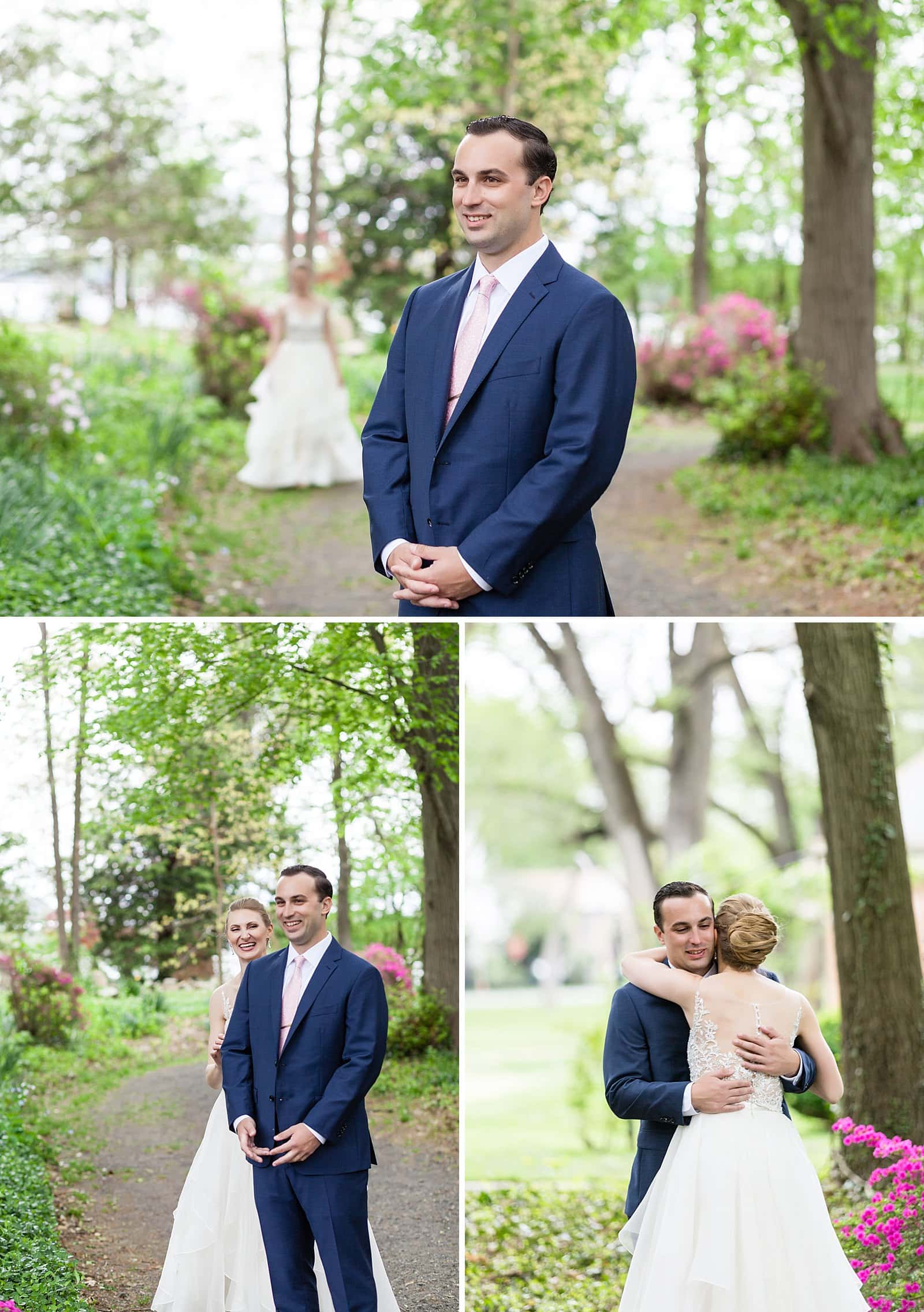 Bride and groom first look, bride walking up to groom, bride and groom hugging, Glen Foerd Mansion wedding 