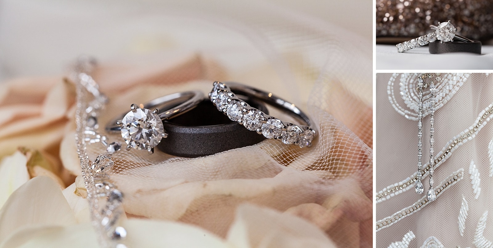 wedding rings, engagement ring, bridal look, details, hayley paige, wedding dress detail, 