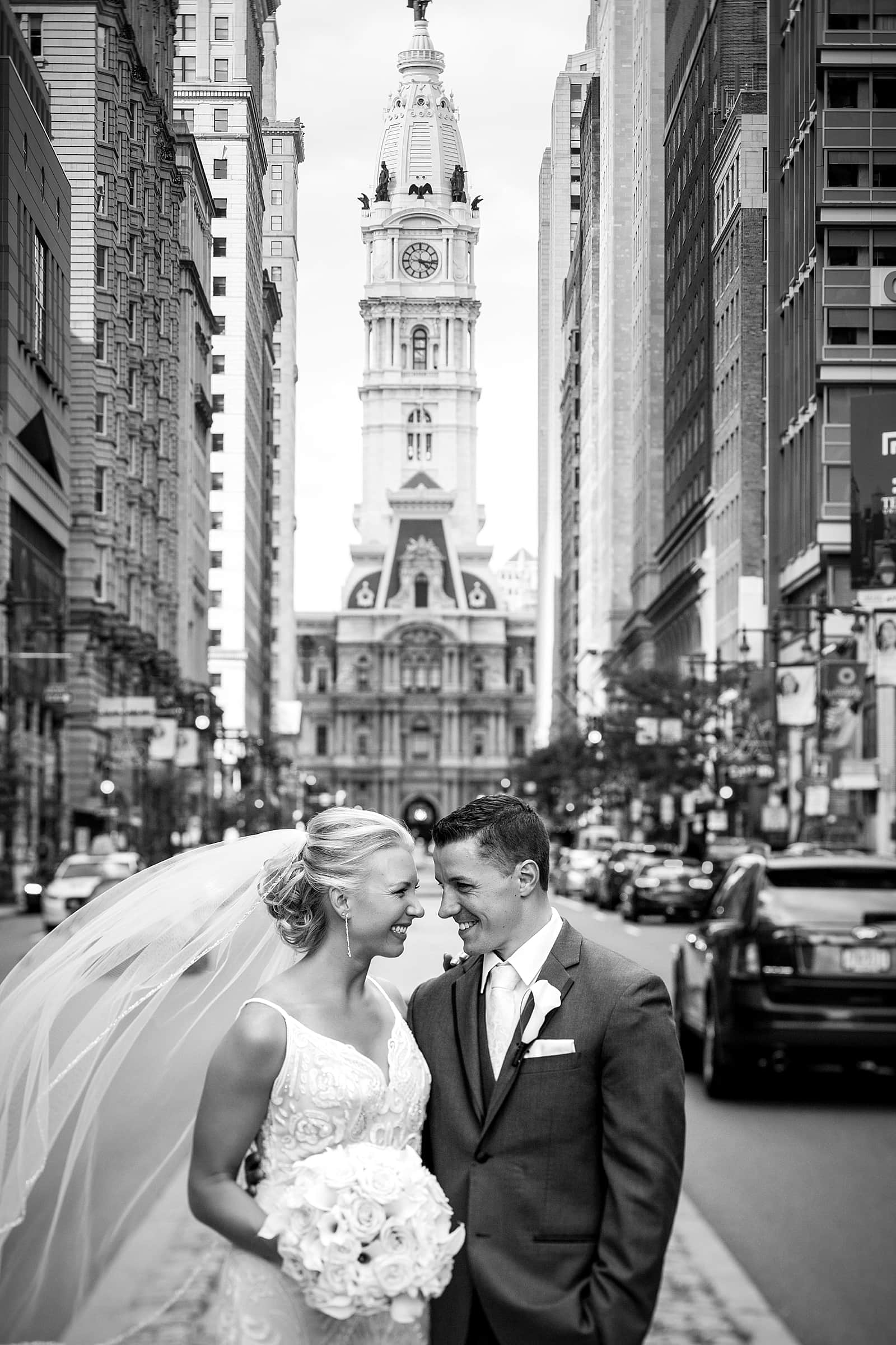 black and white, bride and groom, broad street, philadelphia wedding