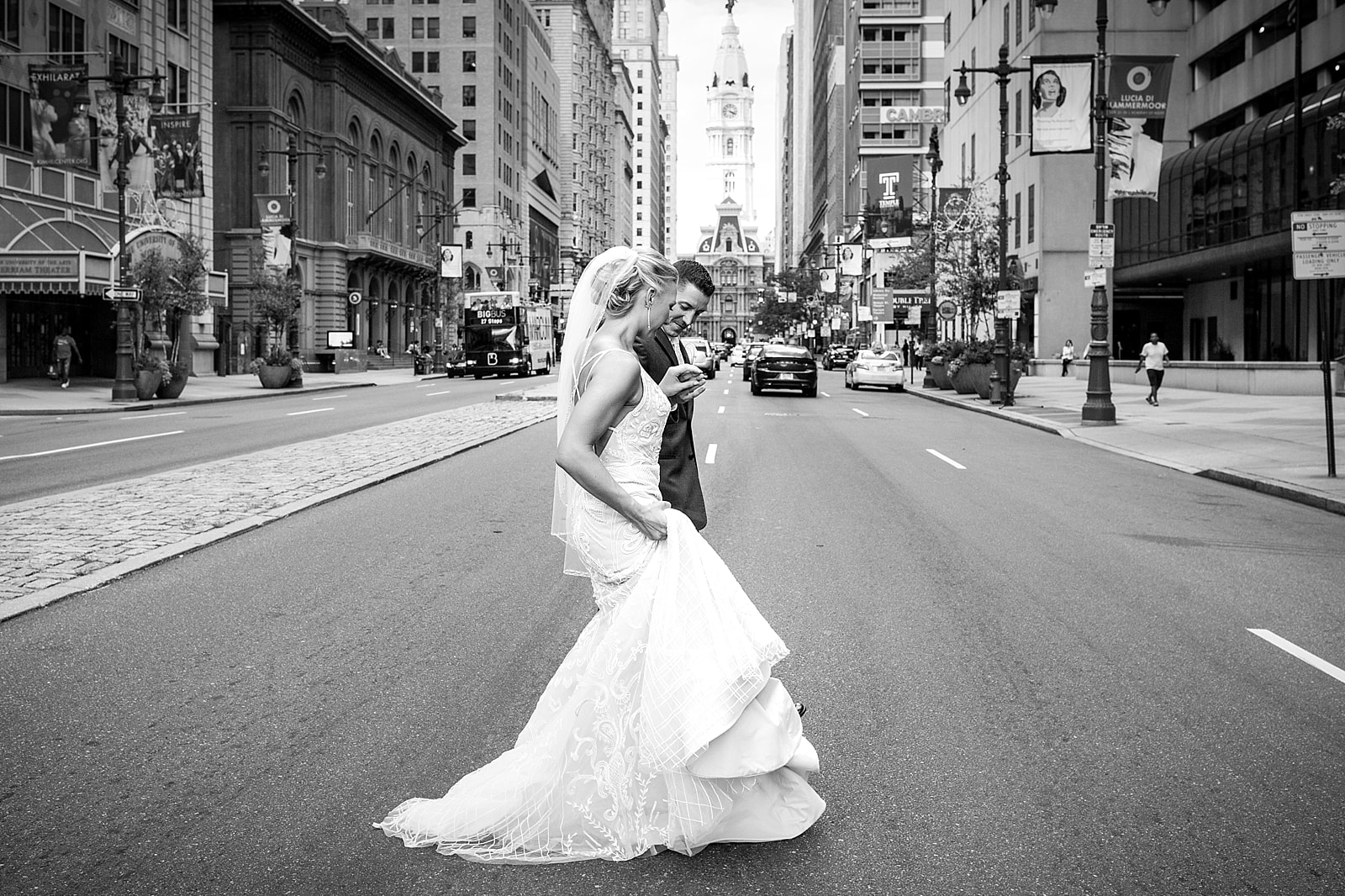 black and white, bride and groom, broad street, philadelphia wedding