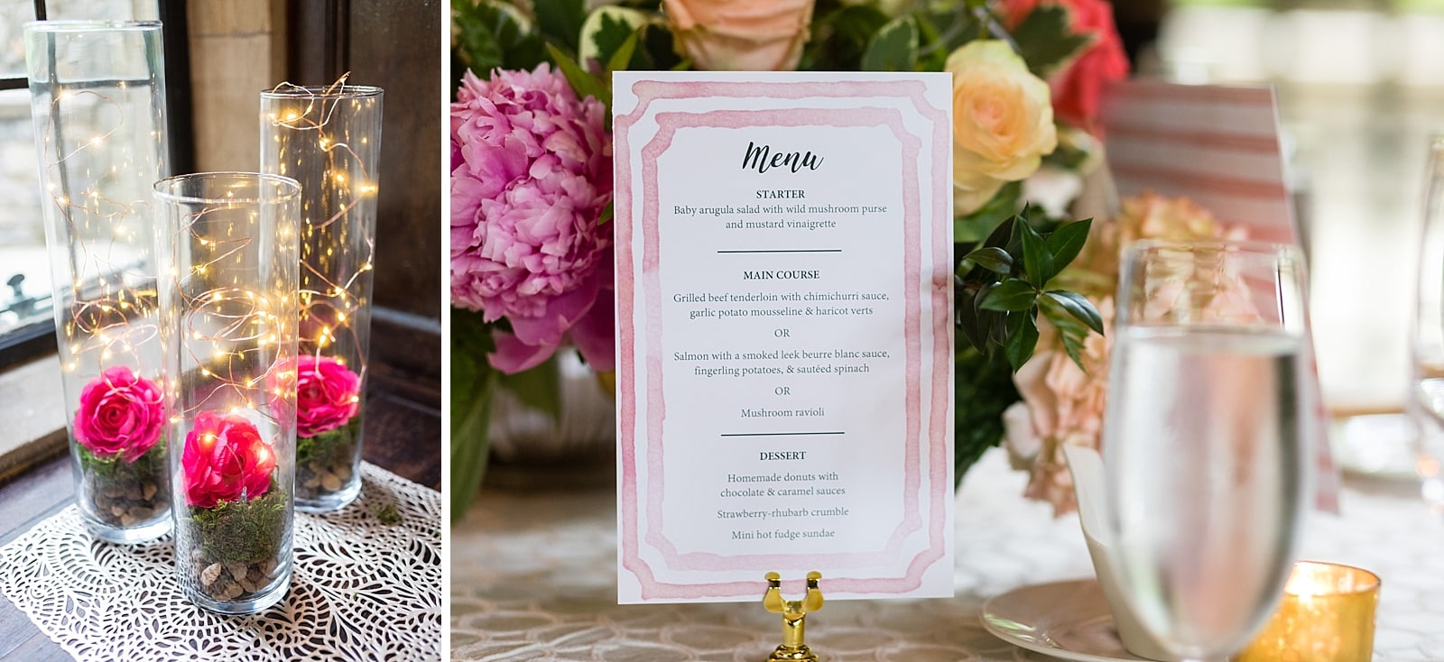 Wedding reception details, reception menu, wedding florals, 