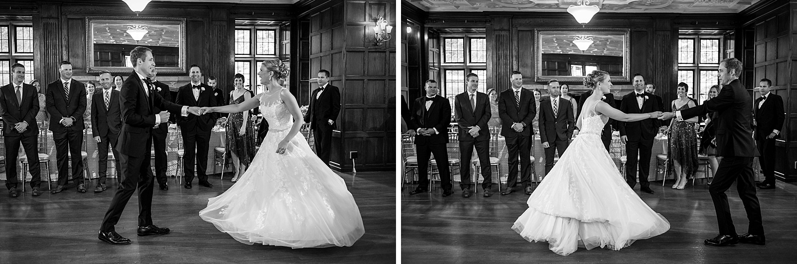 Bride and groom first dance, wedding reception, wedding party, dancing, black and white wedding photo