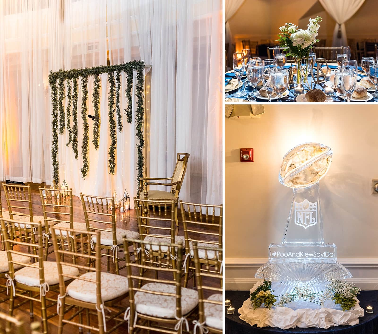 Reception Details included a hanging greenery flower wall, Philadelphia Eagles Super Bowl ice sculpture & white florals.