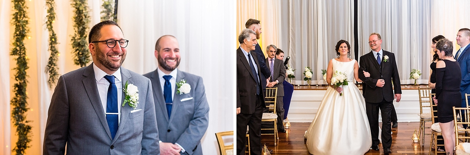 Groom watches as his bride walks down the aisle at the Richmond Hall wedding ceremony