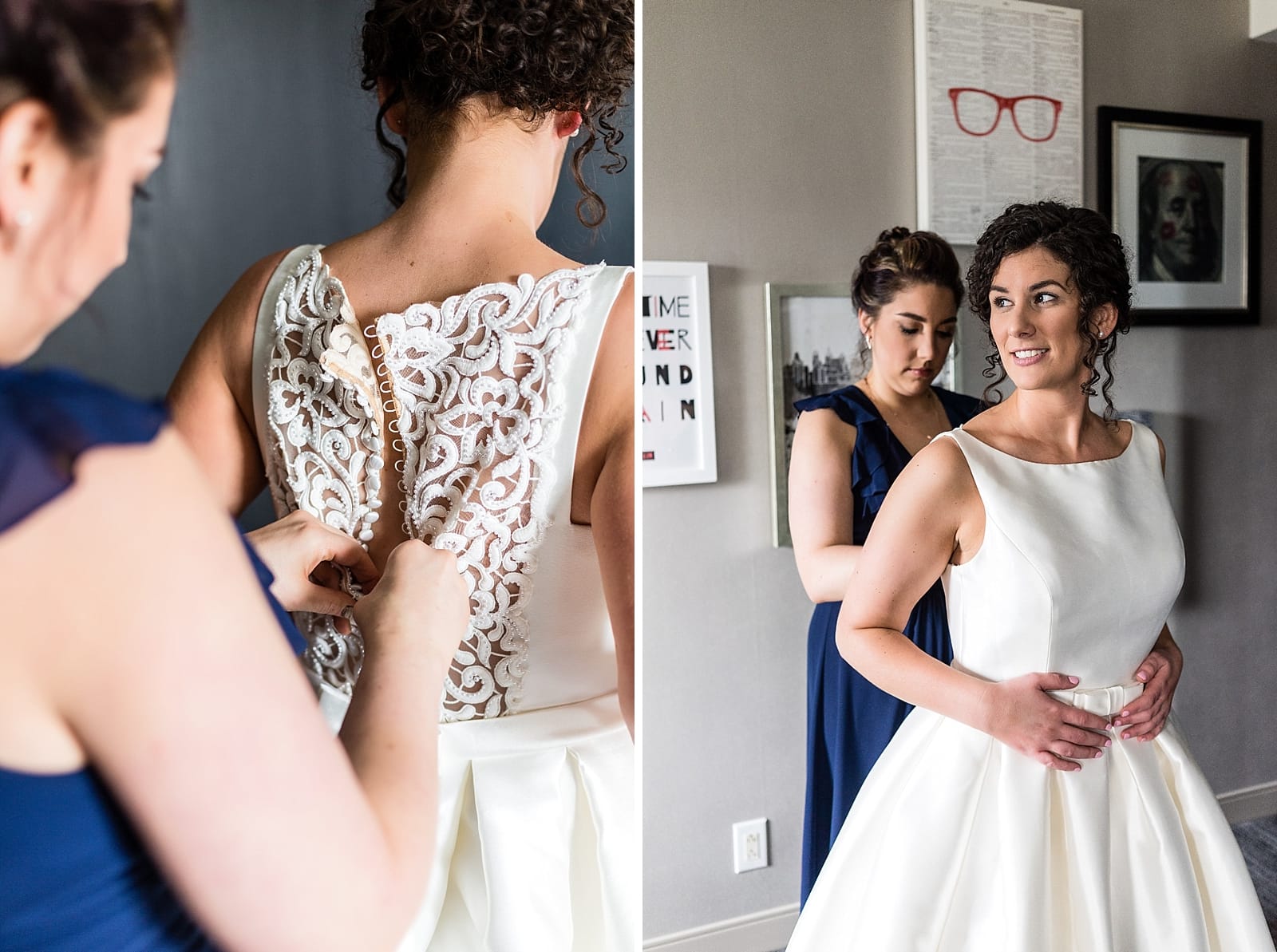 bride getting ready, Franklin Hotel Philadelphia, Navy & white wedding inspiration, lace back wedding dress