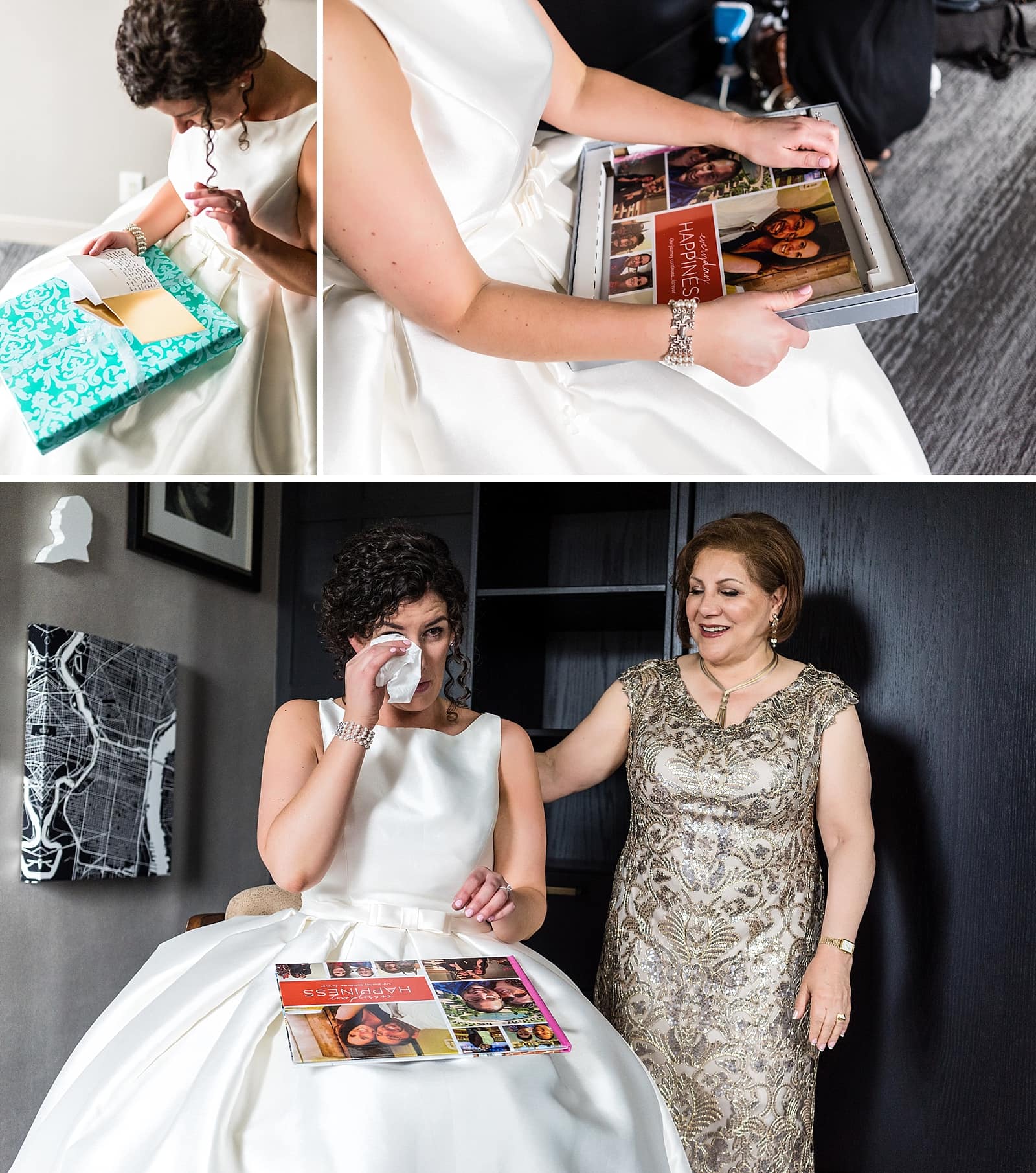 bride cries as she opens her wedding gift from her groom, Wedding gift, wedding scrapbook, 
