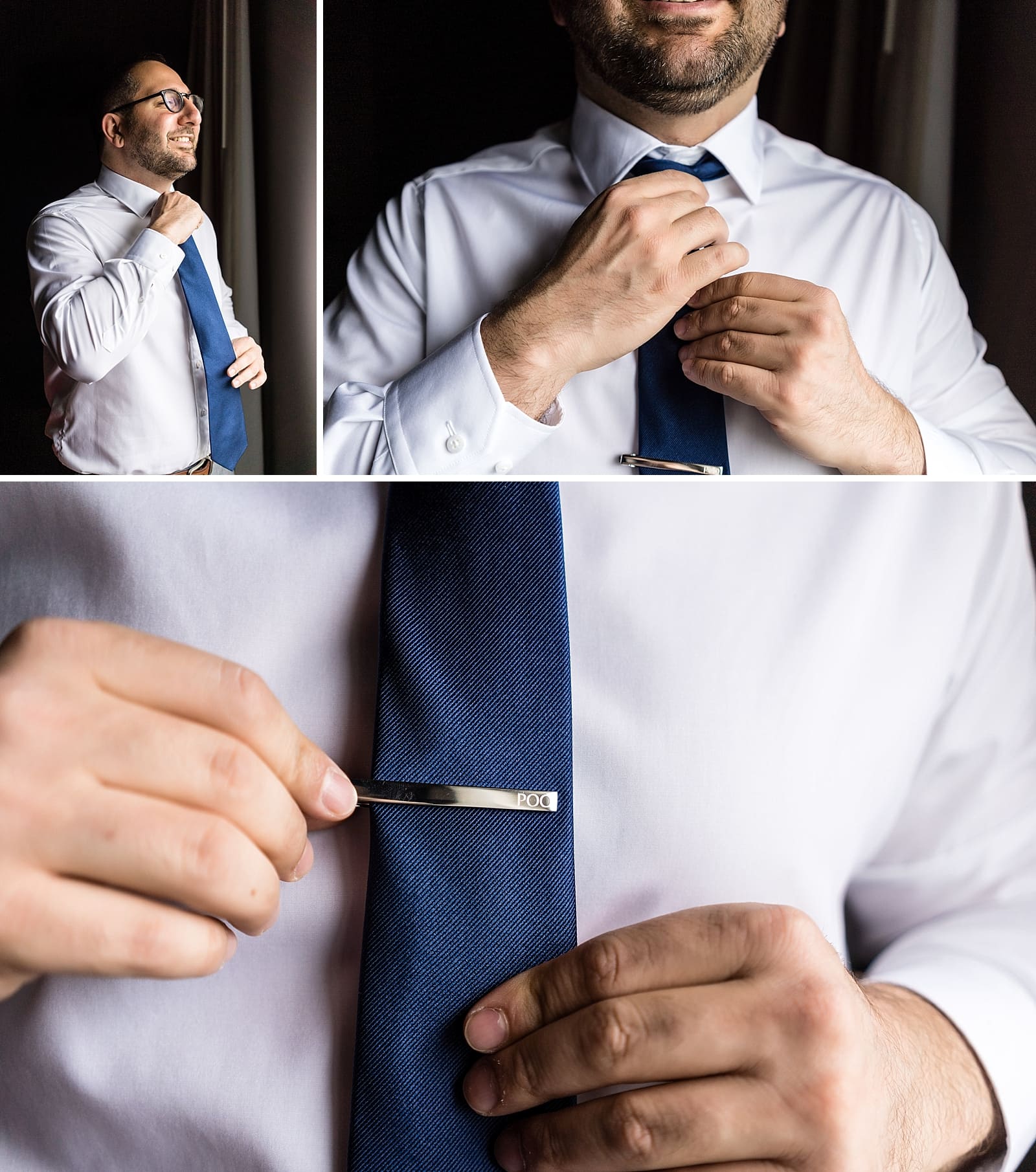 groom adjusts & straightens his tie before adding a custom tie clip, personalized silver tie clip
