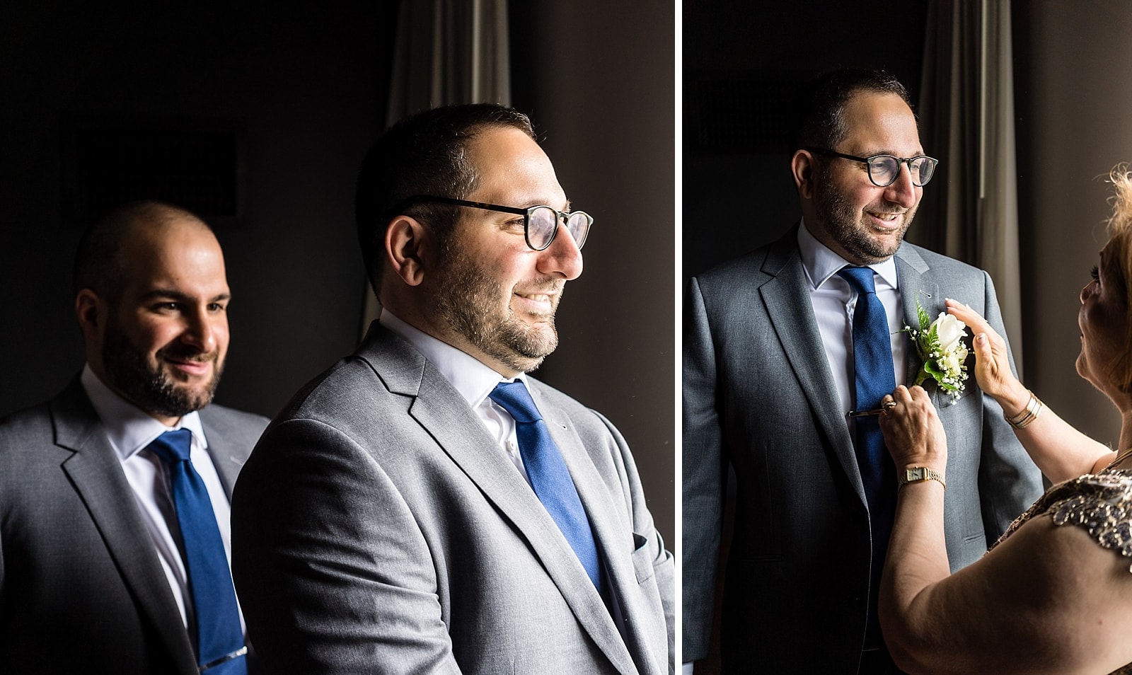 smoothing & straightening groom's jacket in window light, putting on boutonniere 