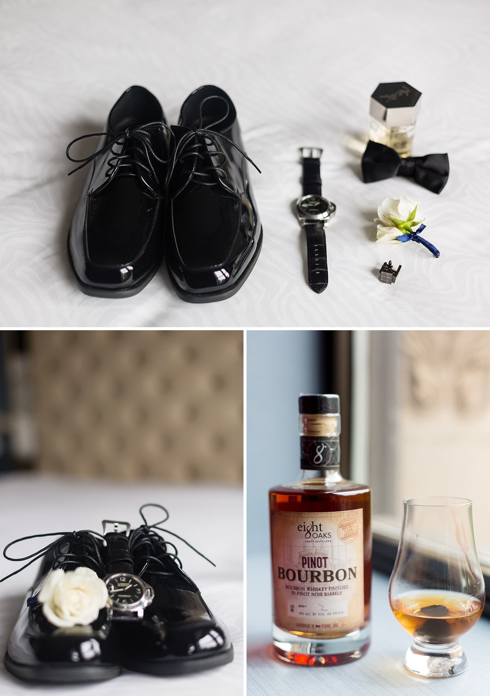 custom groom details, scotch glasses, boutonniere 