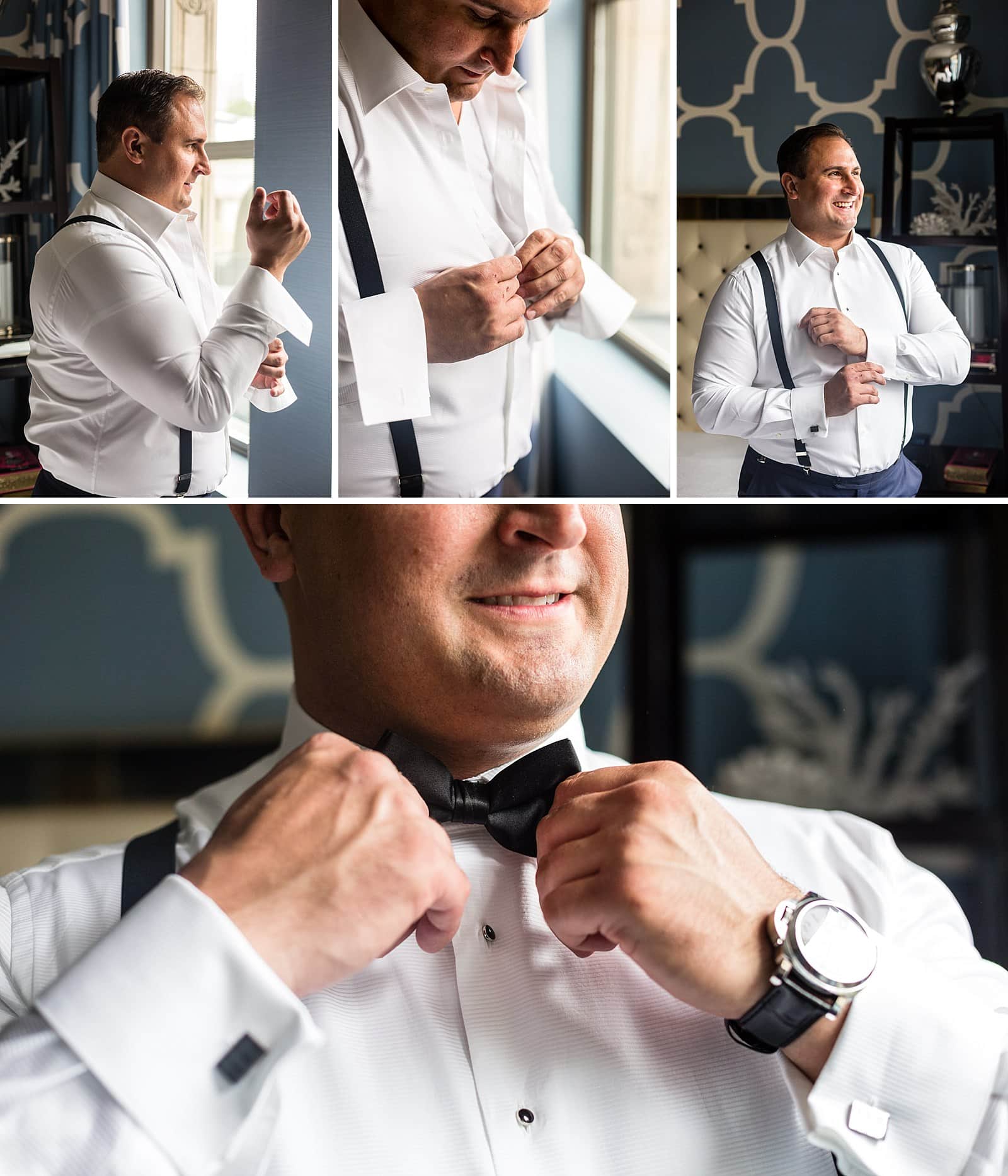 groom getting ready, tying bow tie, cufflinks, Kimpton Hotel Monaco Philadelphia wedding