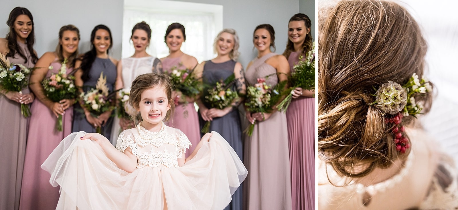 Flower girl curtseys during wedding party portraits with flowers in her hair
