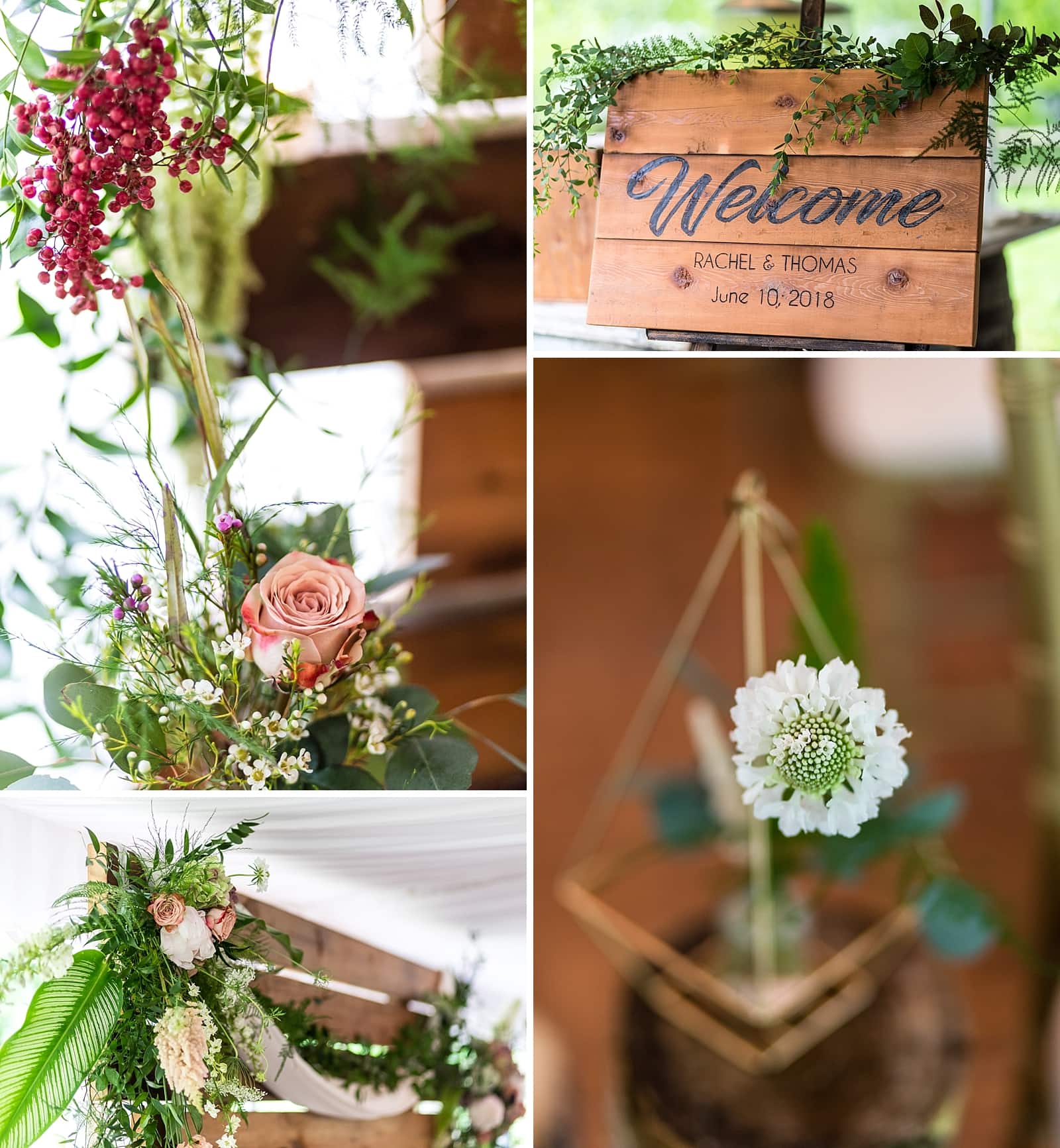 Ceremony details for a rustic wedding at the Inn at Millrace Pond with wildflowers and distressed wood