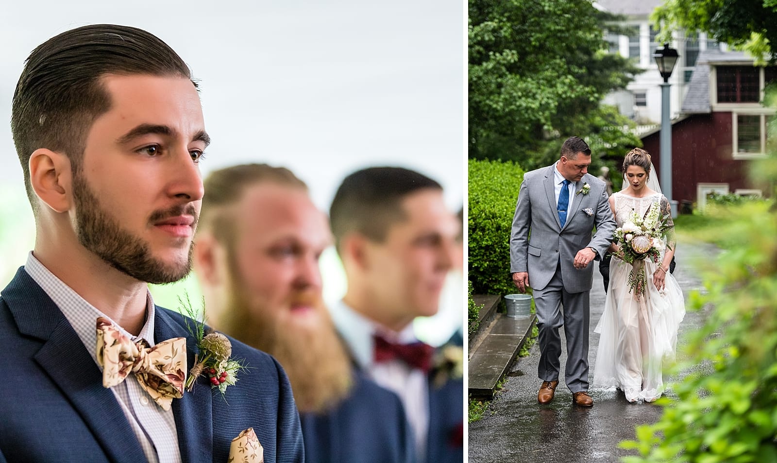 groom tears up as bride walks down the aisle with her father at the Inn at Millrace Pond
