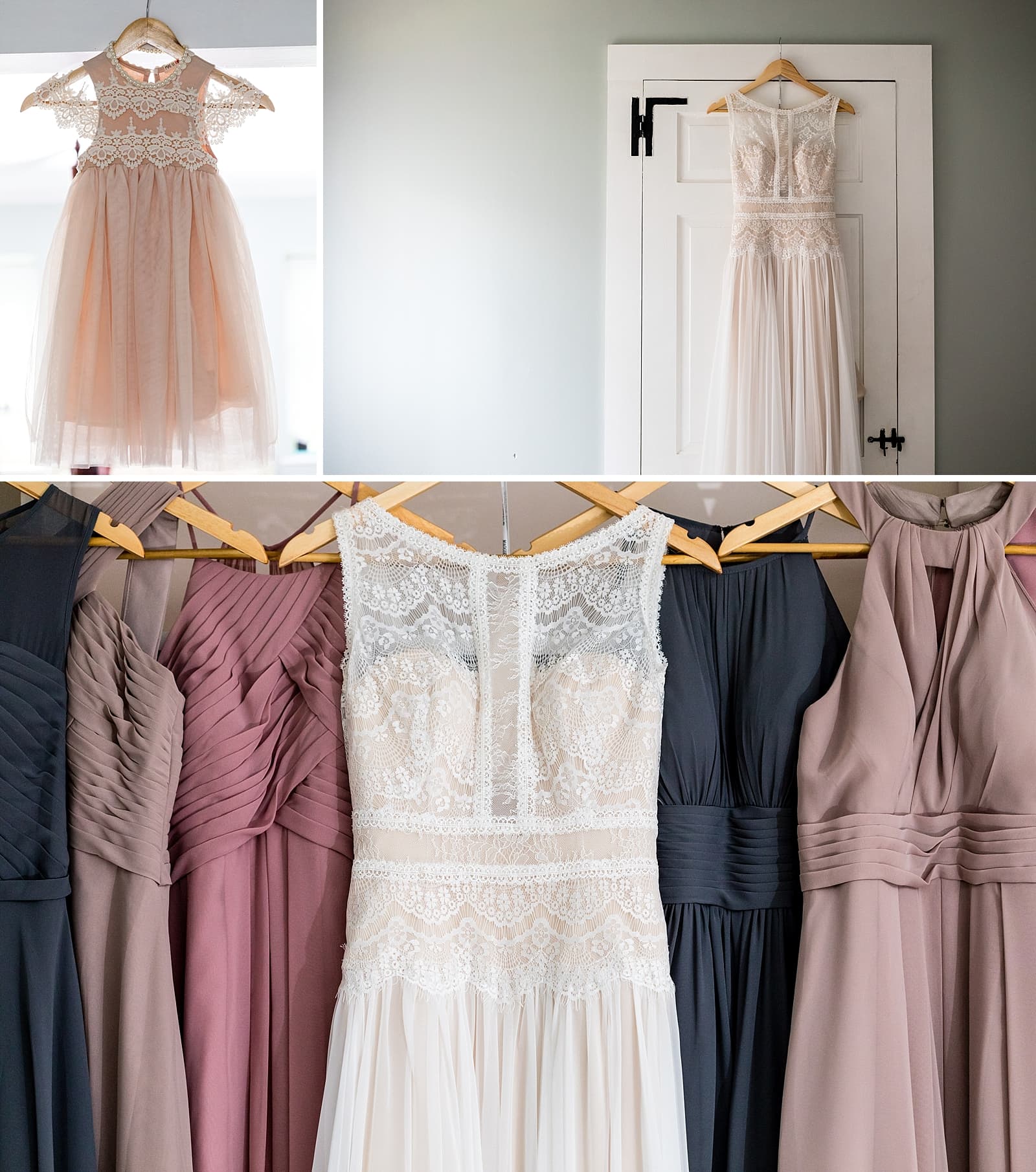 Mauve toned bridesmaid dresses hanging with a lace wedding dress.