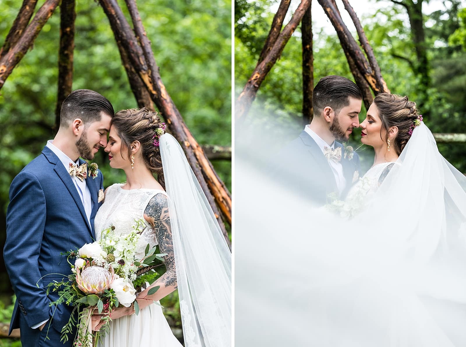 wedding portraits of tattooed bride and groom under the veil at the Inn at Millrace Pond