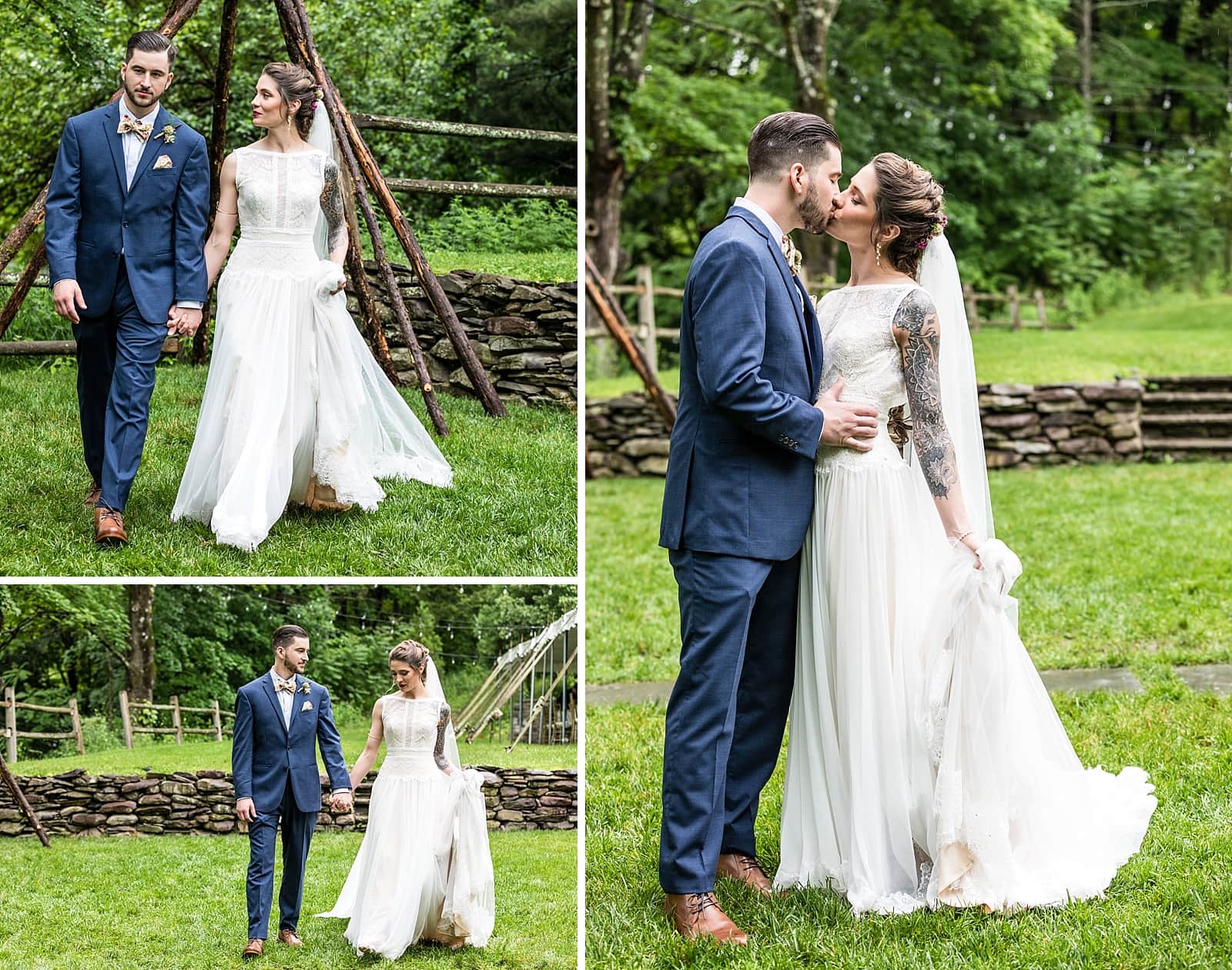 wedding portraits of tattooed bride and groom at the Inn at Millrace Pond