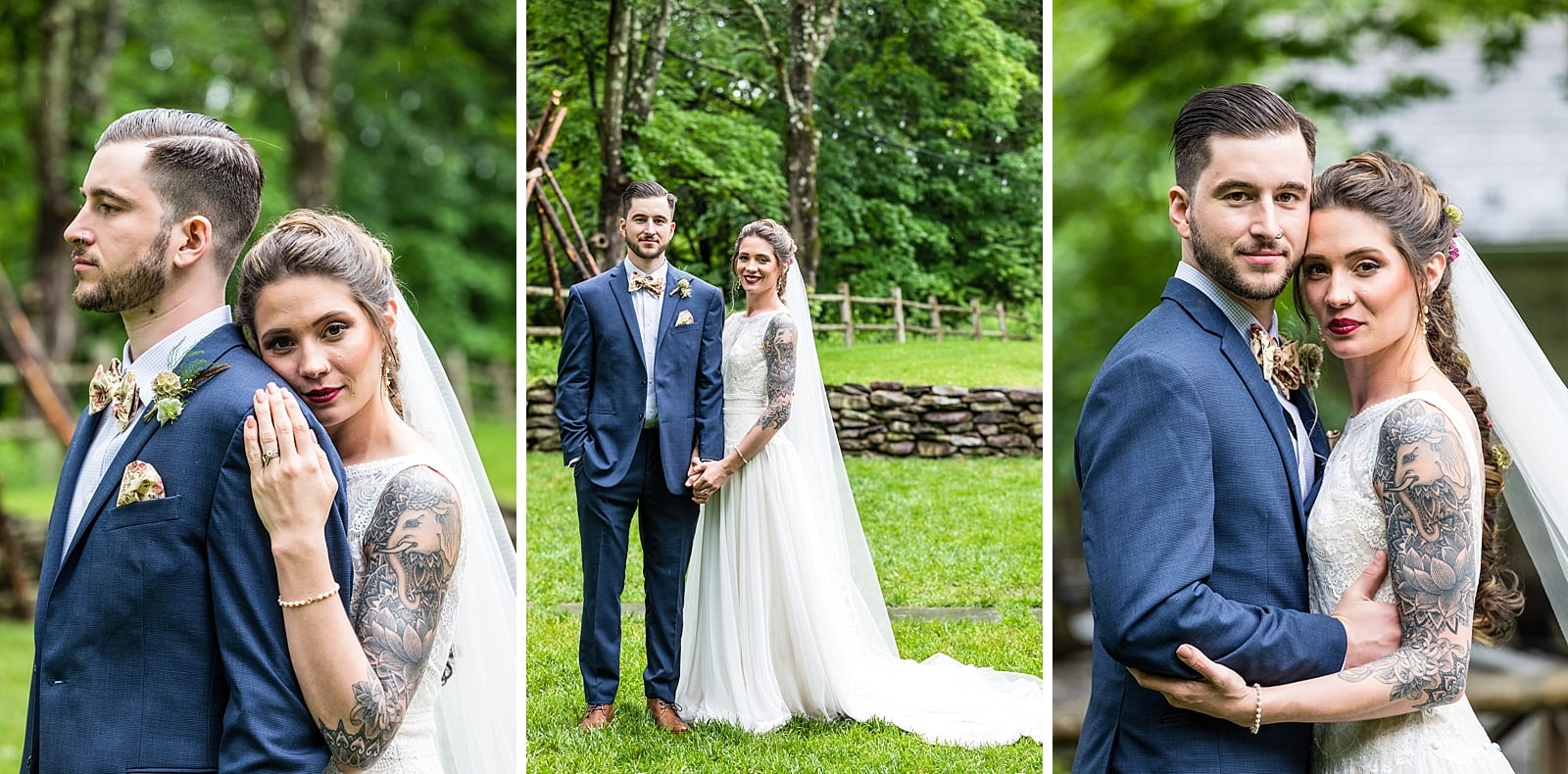 wedding portraits of tattooed bride and groom at the Inn at Millrace Pond