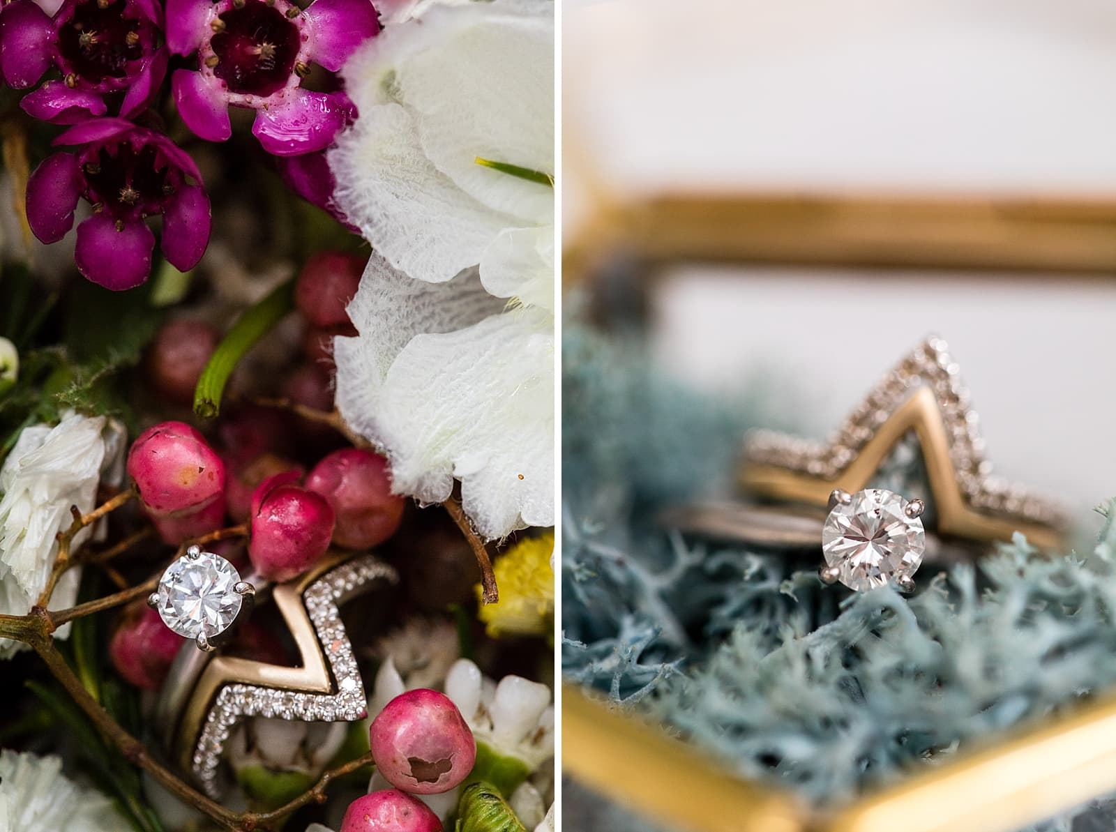 Solitaire engagement ring with pave diamond zig zag wedding band