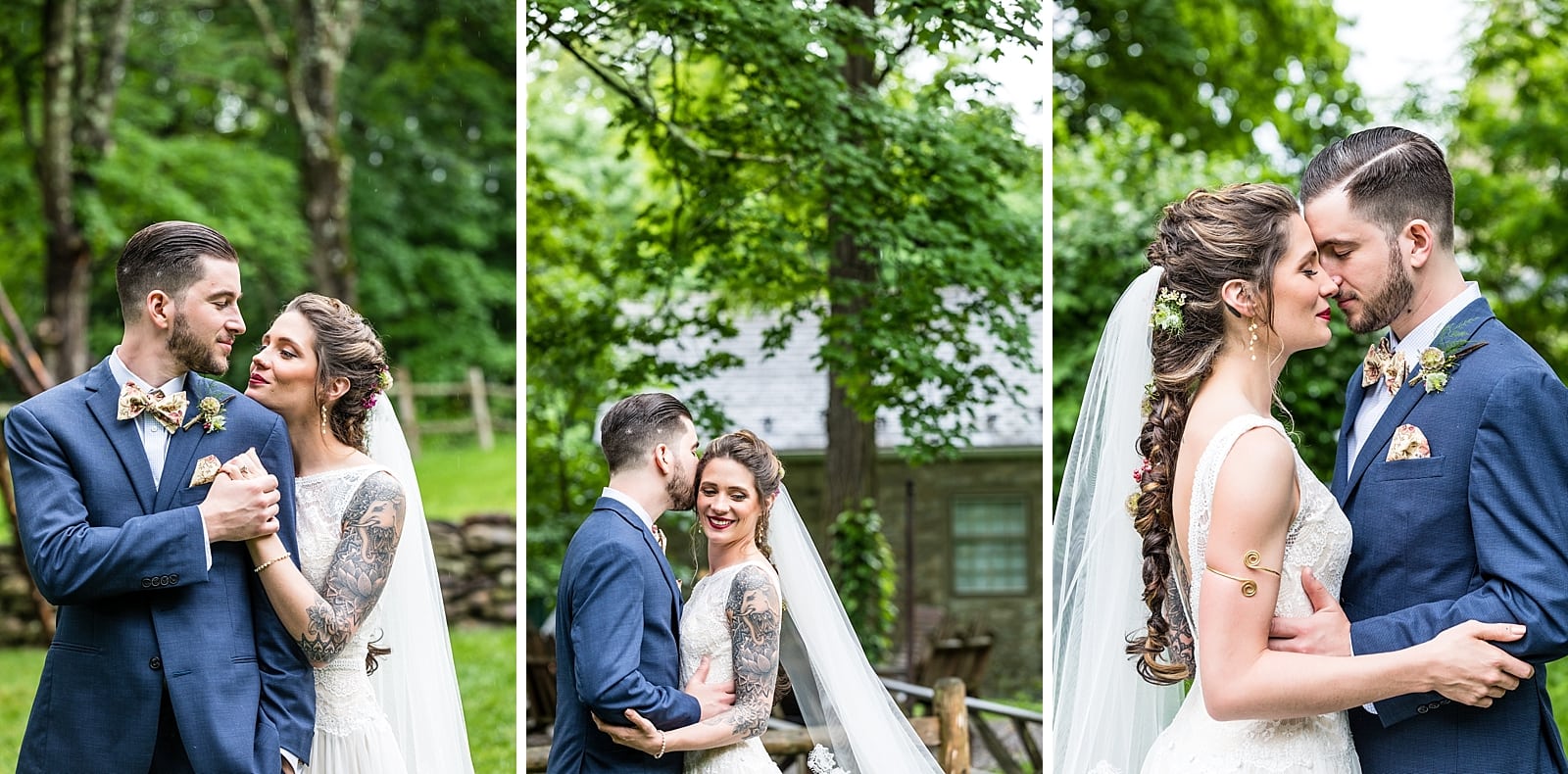 wedding portraits of tattooed bride and groom at the Inn at Millrace Pond