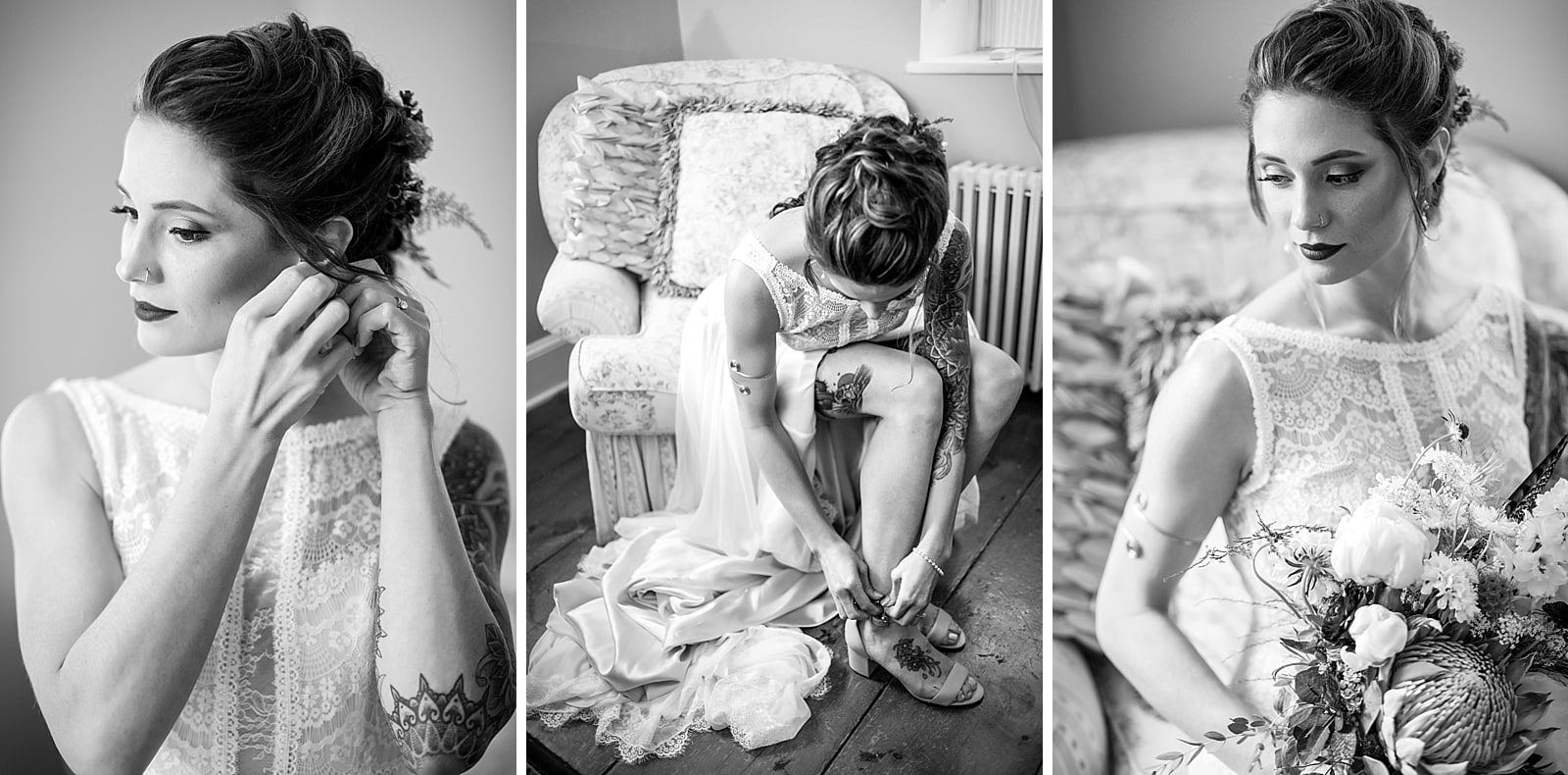 black and white getting ready portraits of tattooed bride getting ready at the Inn at Millrace Pond