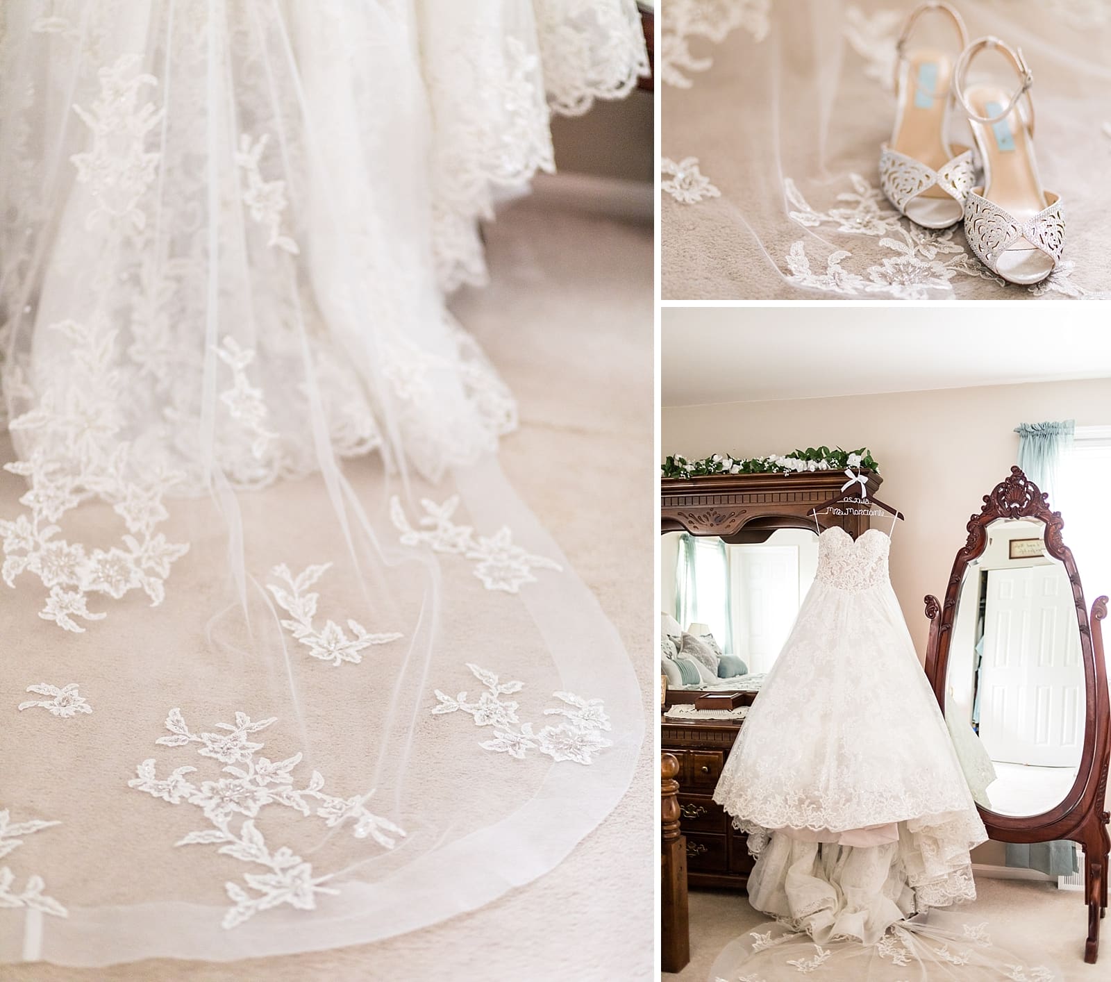 Bridal prep, Bridal details, wedding down, lace veil, wedding heels, custom wedding dress hanger