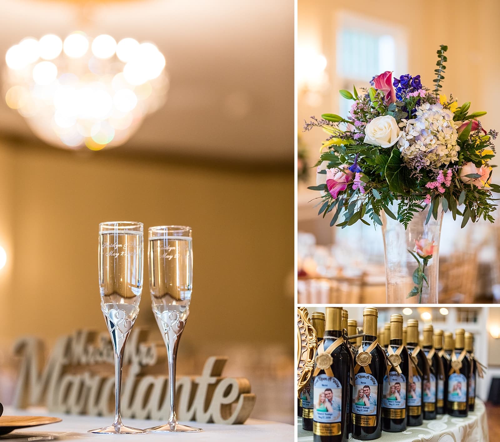 wedding reception, cocktail hour, wedding champagne glasses, custom champagne bottles, wedding florals, centerpiece