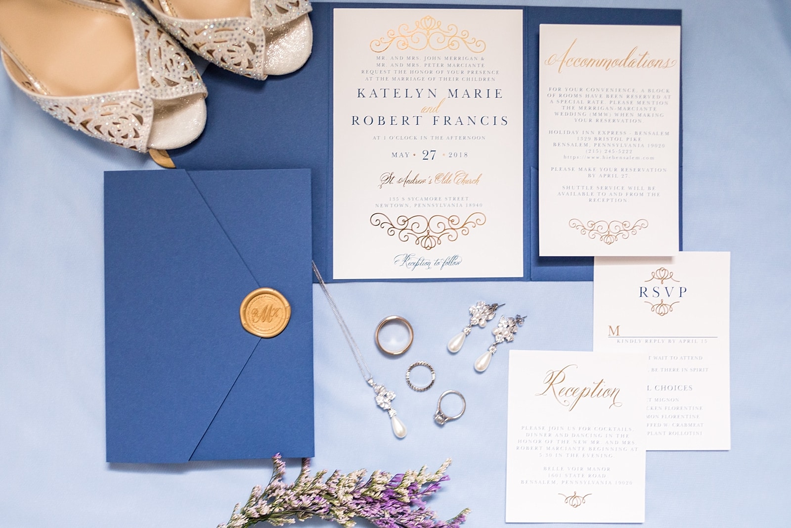 wedding invitations, wedding stationary, wedding rings, wedding accessories, blue and gold stationary