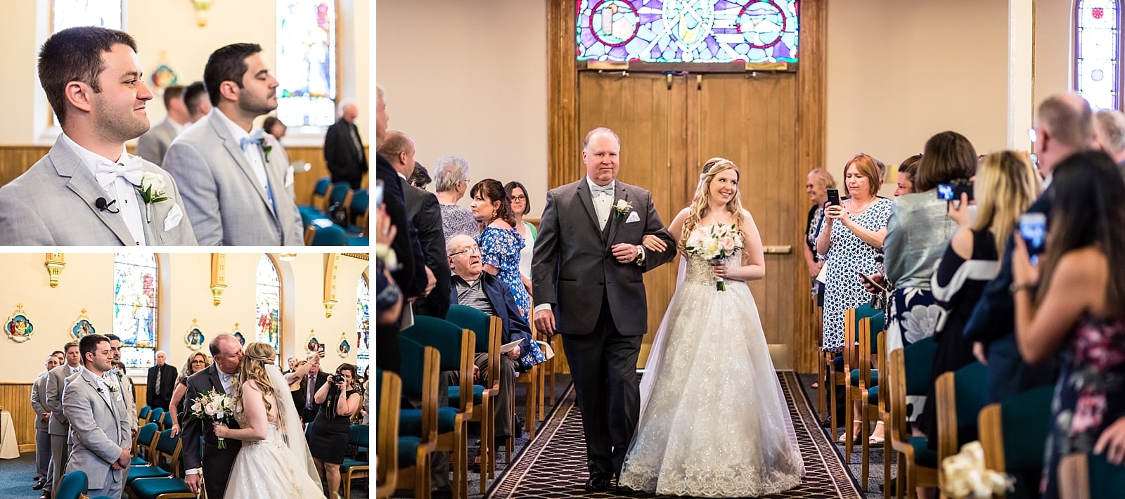 Wedding ceremony, church wedding, father of the bride walking down aisle, Father giving away bride, groom first look