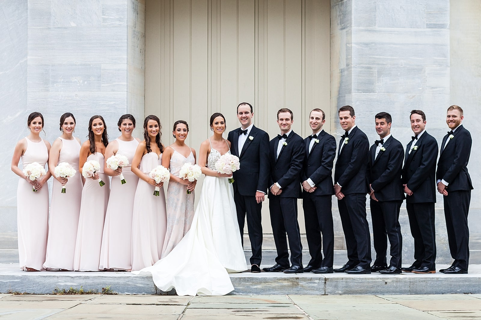 Bridal party, groomsmen, wedding party, bridesmaids, wedding portraits, bouquets 