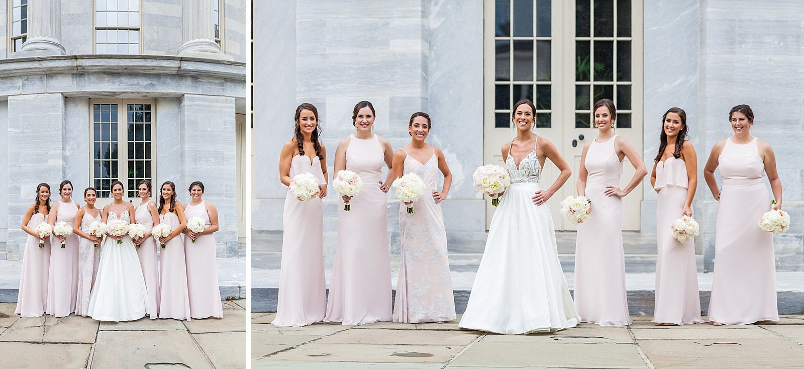 Bridal party, bridesmaids, pink bridesmaids dresses, bridal portraits, Merchant Exchange Building